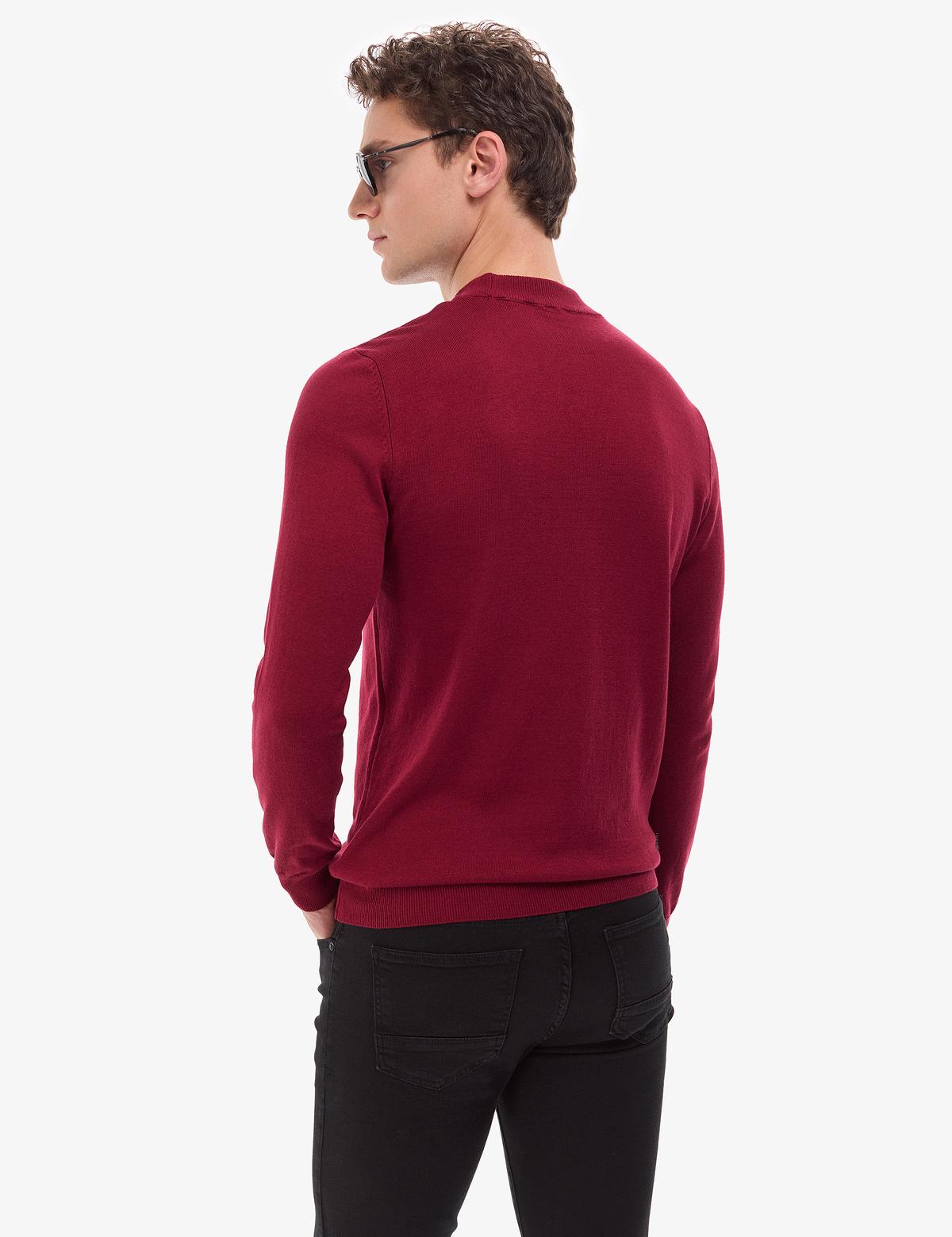 Vişne Slim Fit Çeyrek Yaka Basic Triko Kazak - 50314188114