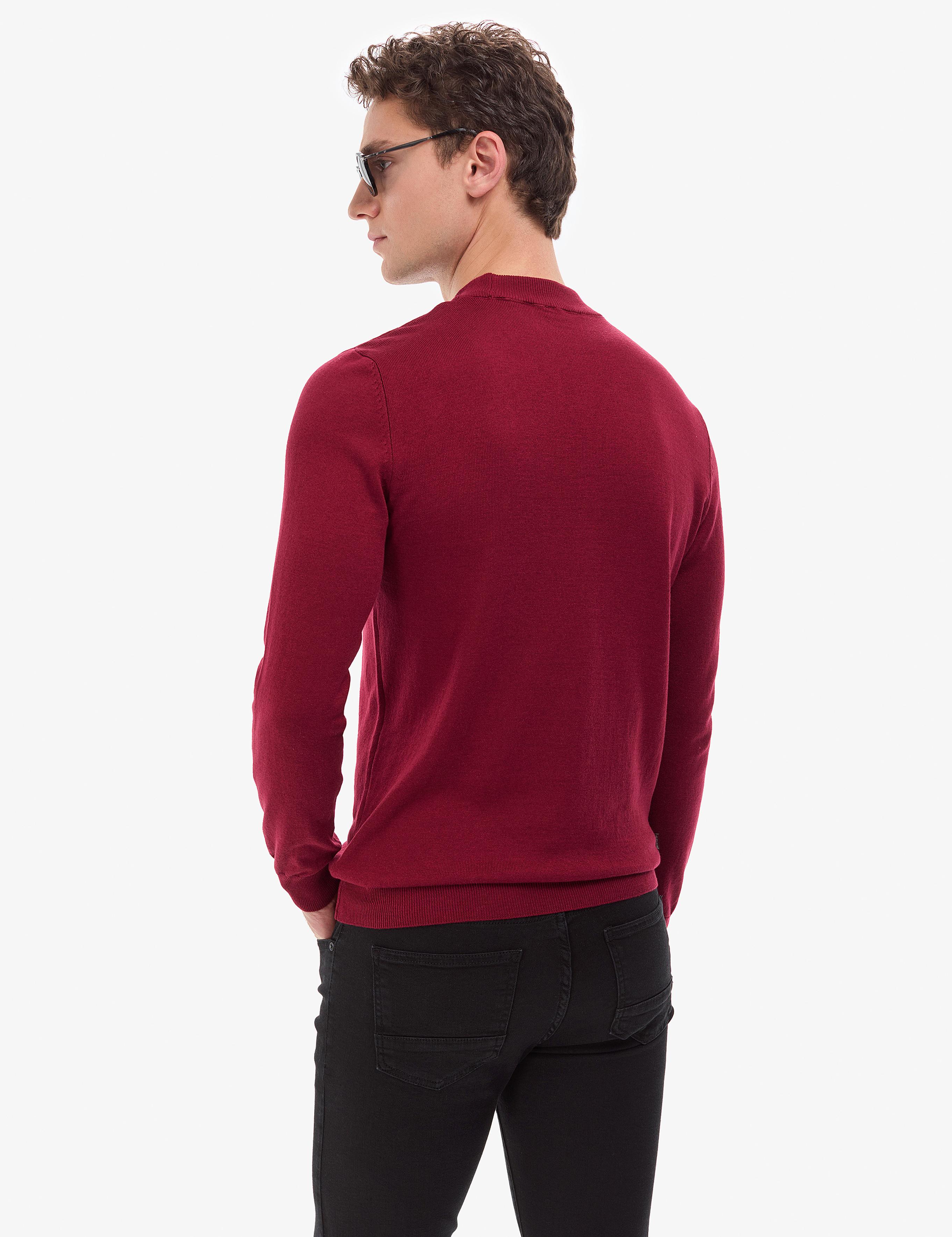 Vişne Slim Fit Çeyrek Yaka Basic Triko Kazak