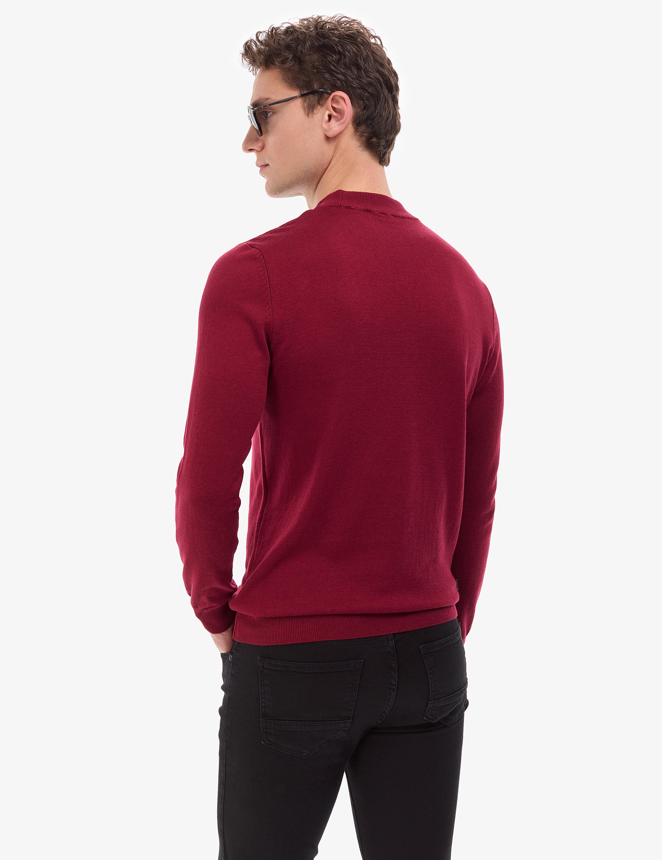 Vişne Slim Fit Çeyrek Yaka Basic Triko Kazak
