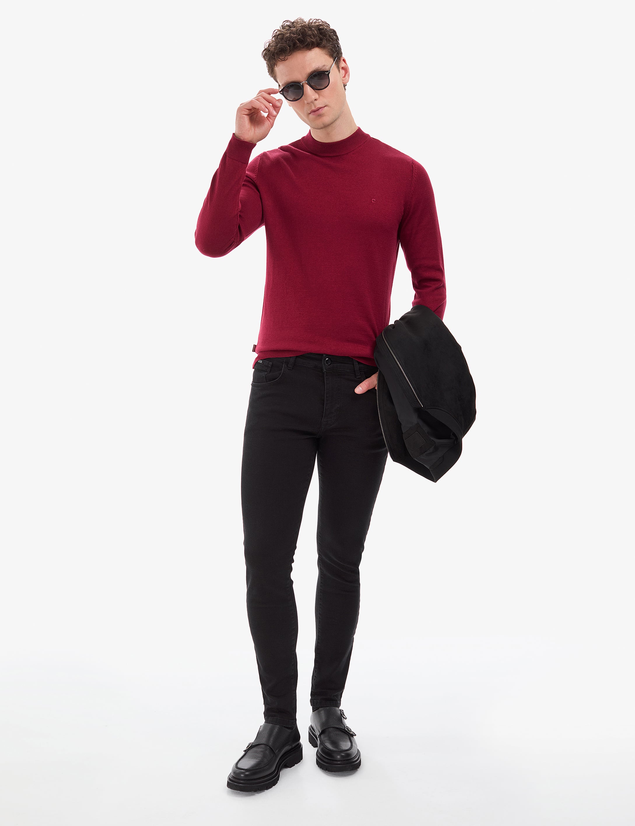 Vişne Slim Fit Çeyrek Yaka Basic Triko Kazak