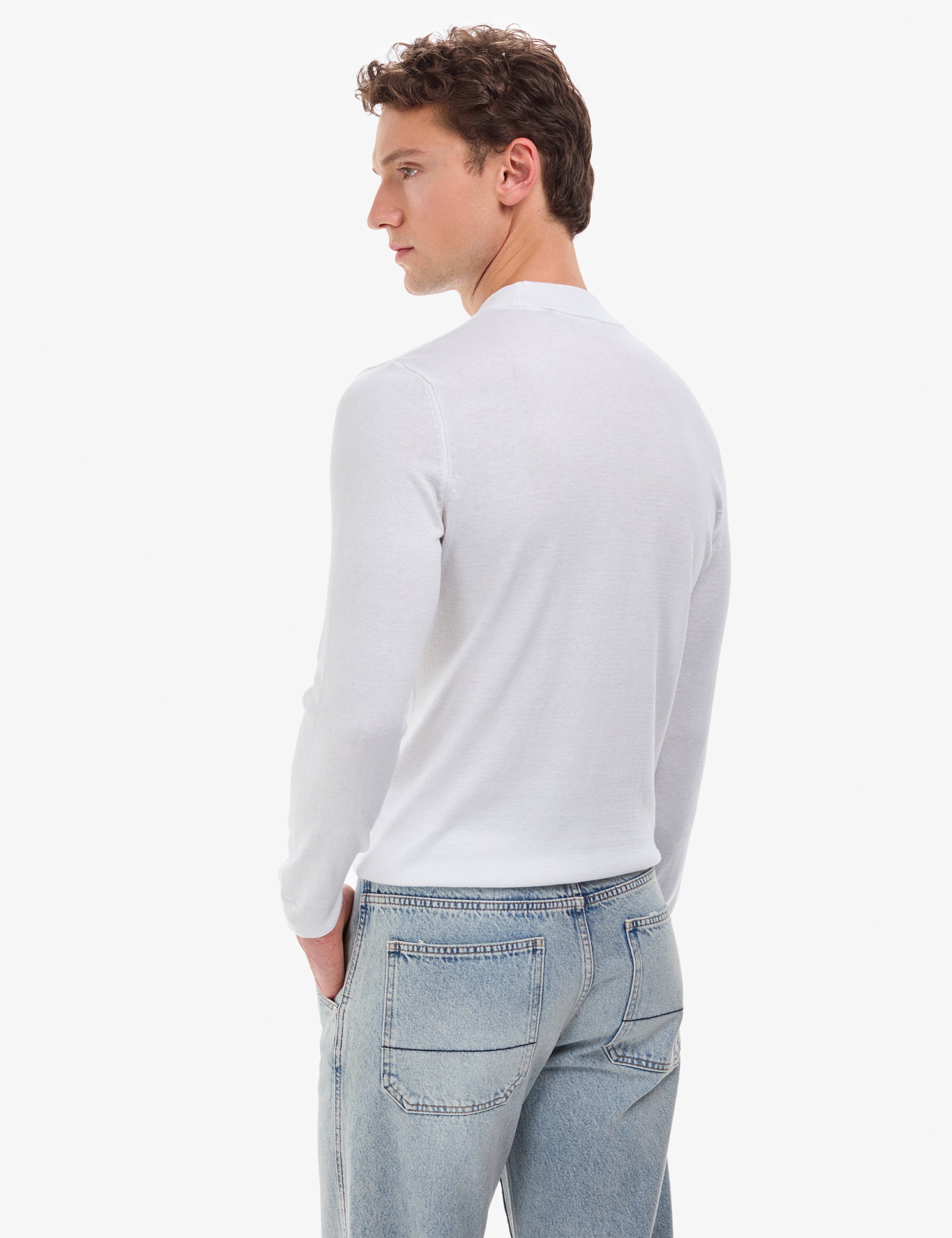 Ekru Slim Fit Çeyrek Yaka Basic Triko Kazak