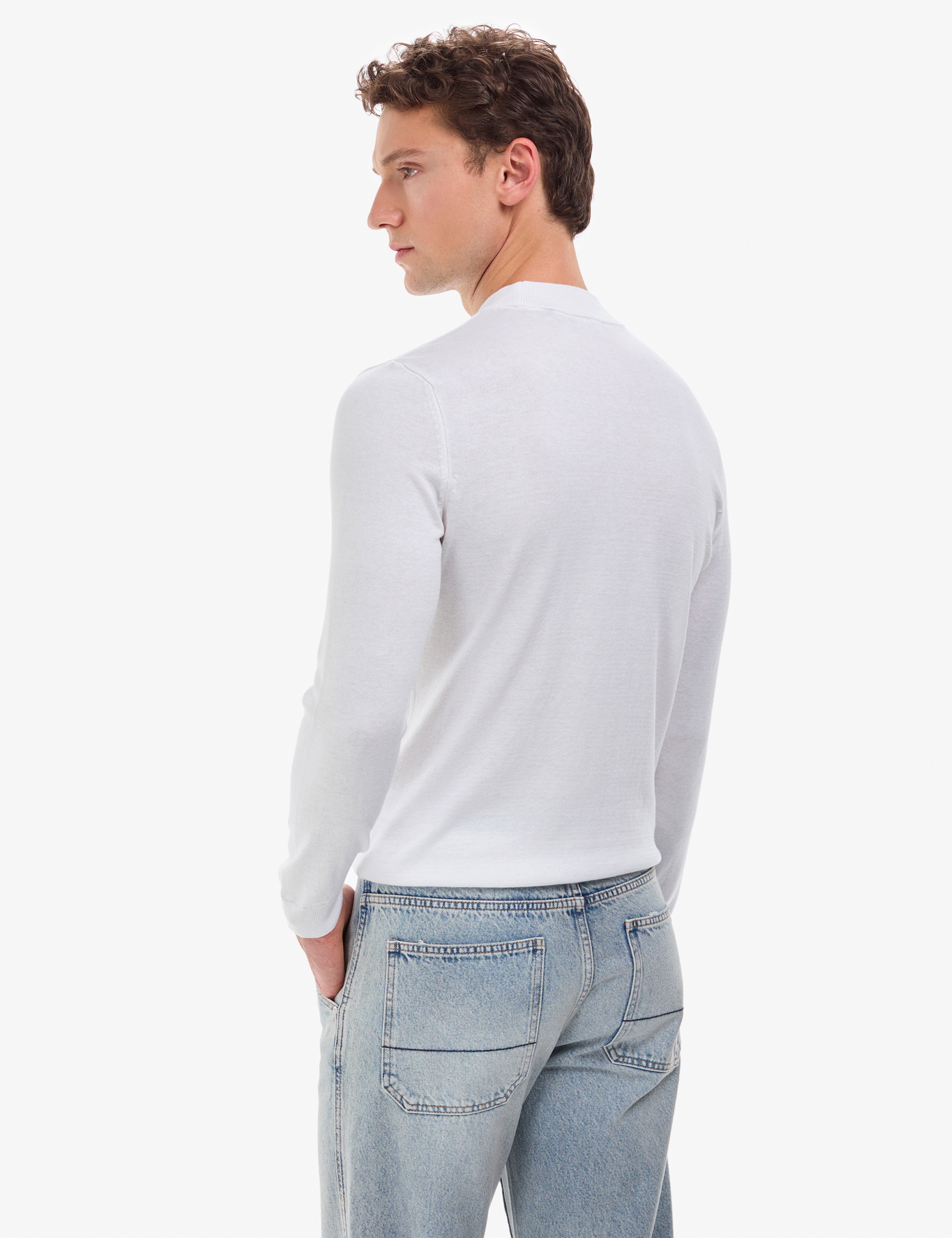 Ekru Slim Fit Çeyrek Yaka Basic Triko Kazak