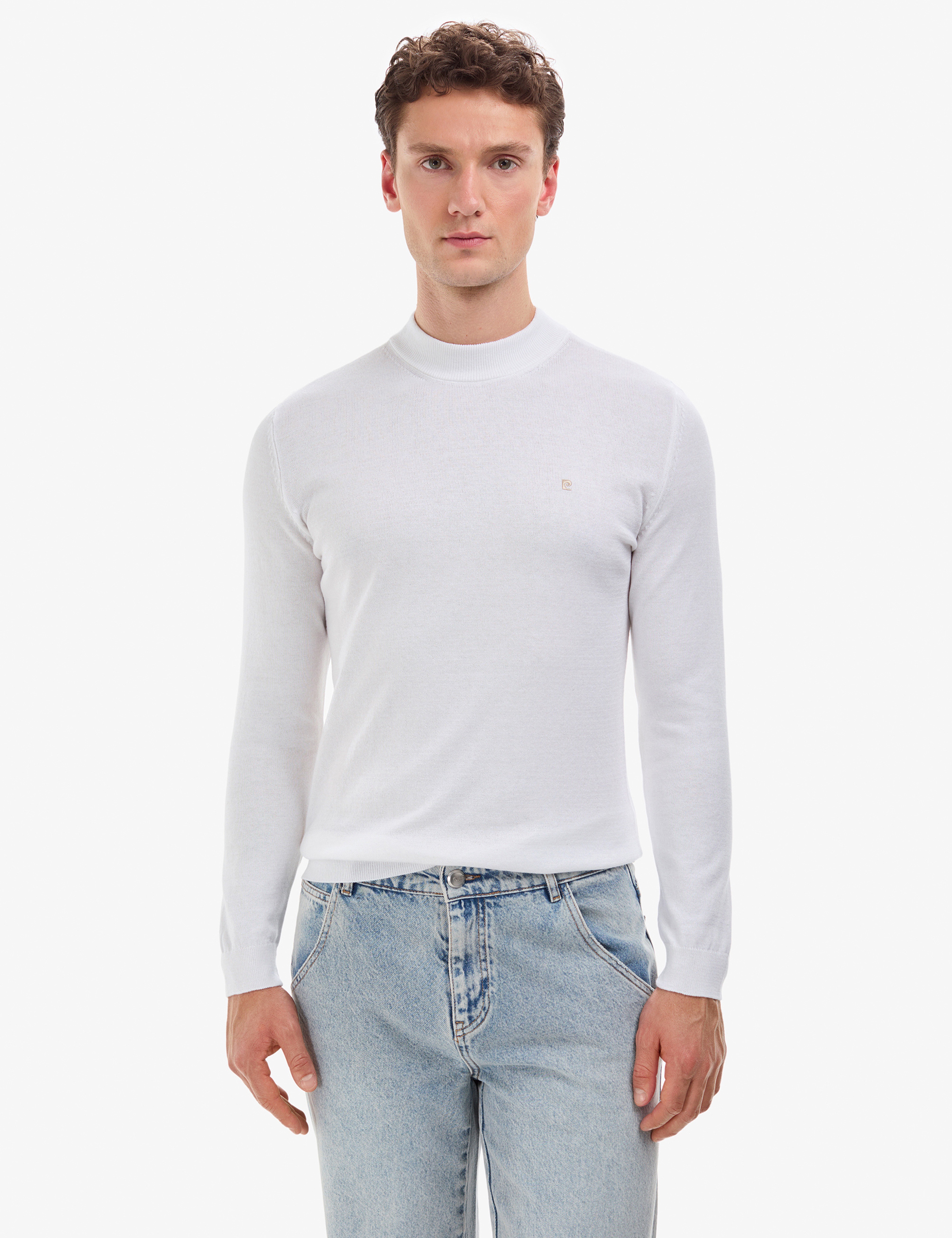 Ekru Slim Fit Çeyrek Yaka Basic Triko Kazak - Image 2