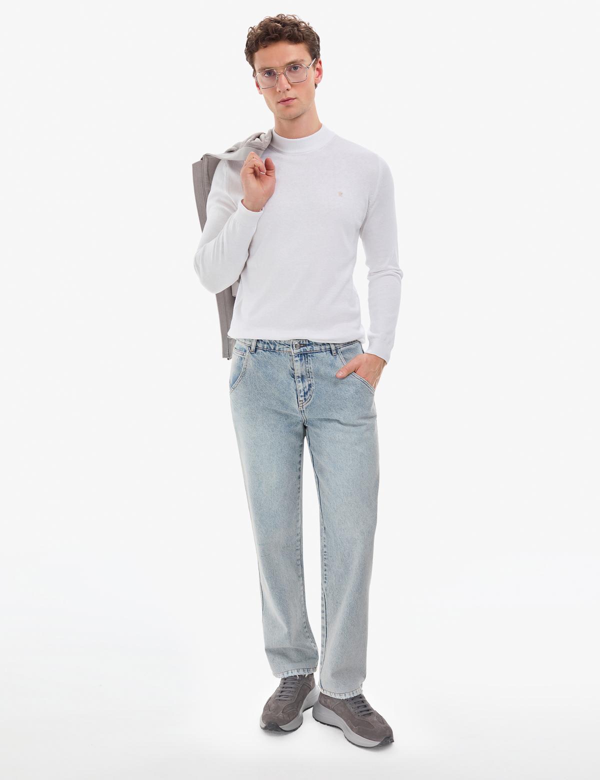 Ekru Slim Fit Çeyrek Yaka Basic Triko Kazak - 50314188023