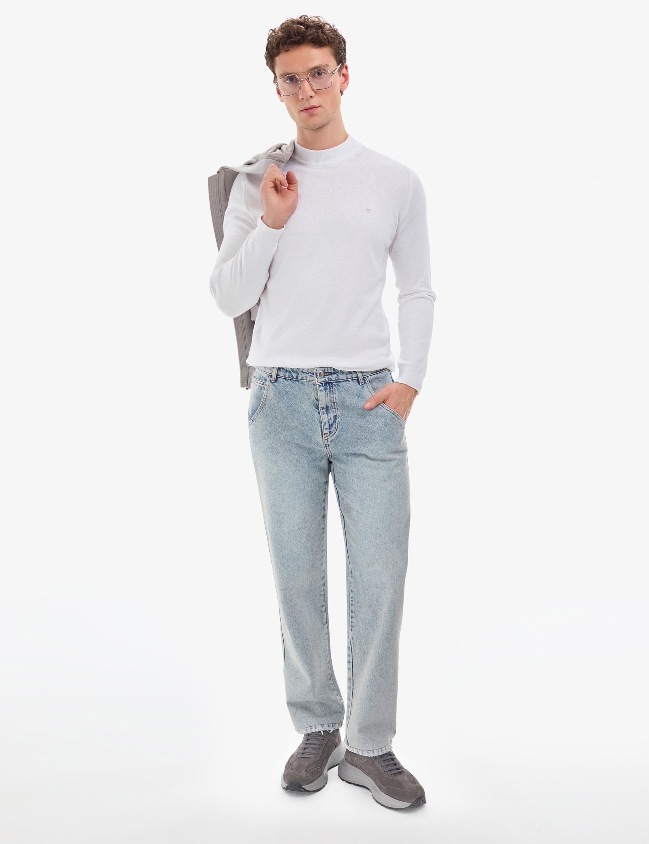 Ekru Slim Fit Çeyrek Yaka Basic Triko Kazak