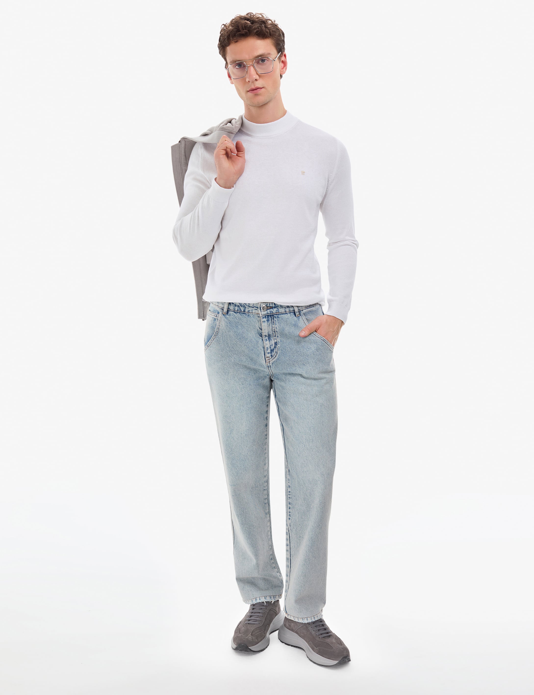 Ekru Slim Fit Çeyrek Yaka Basic Triko Kazak