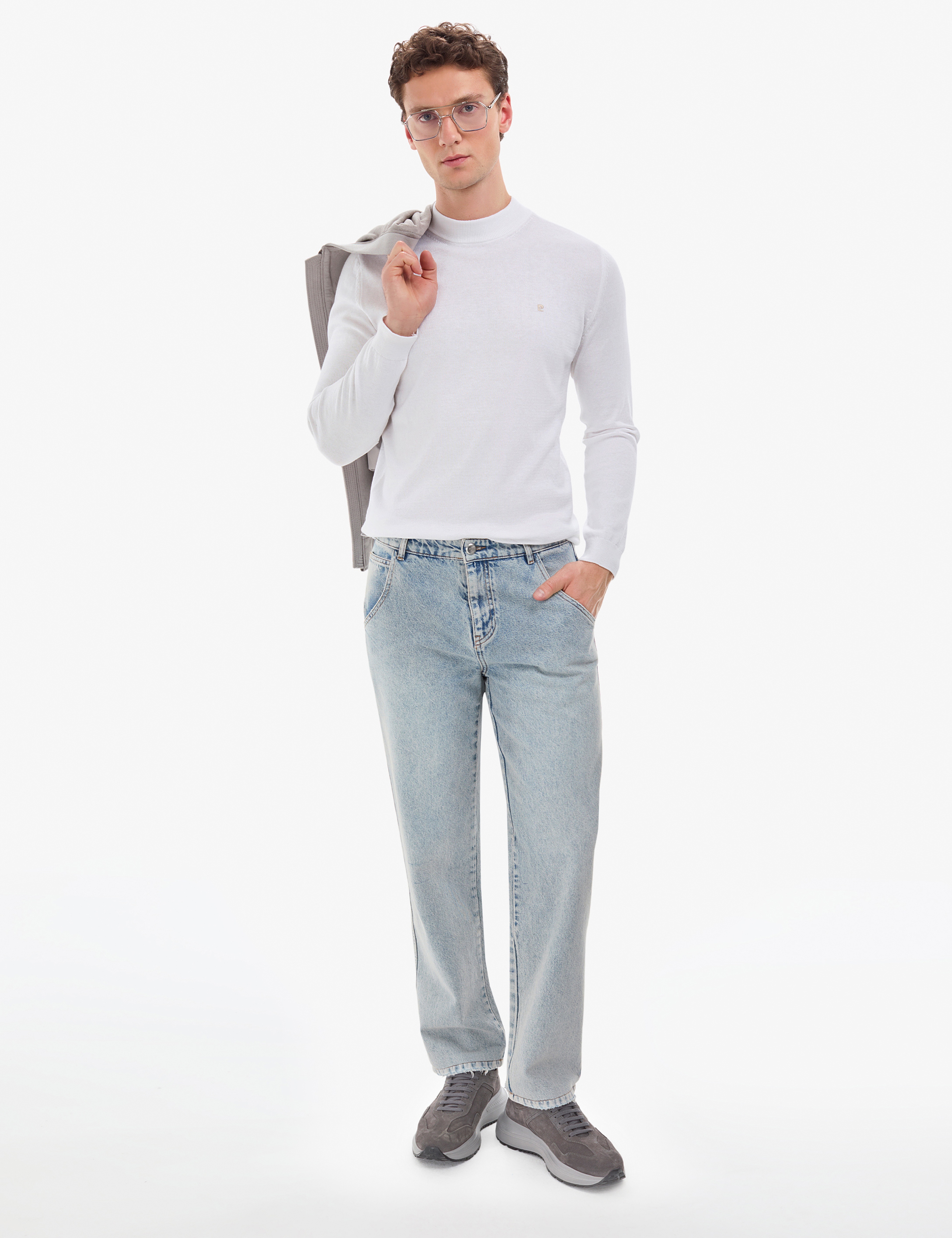 Ekru Slim Fit Çeyrek Yaka Basic Triko Kazak