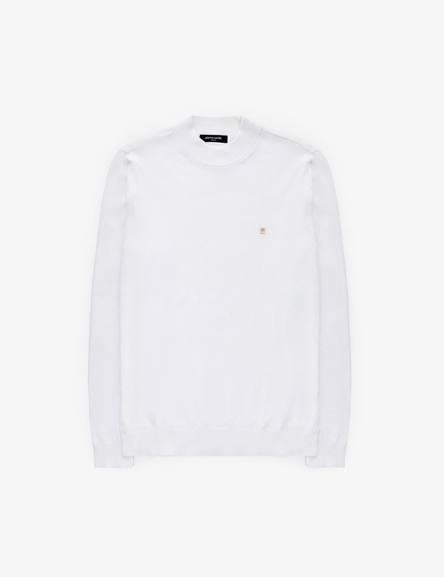 Ekru Slim Fit Çeyrek Yaka Basic Triko Kazak