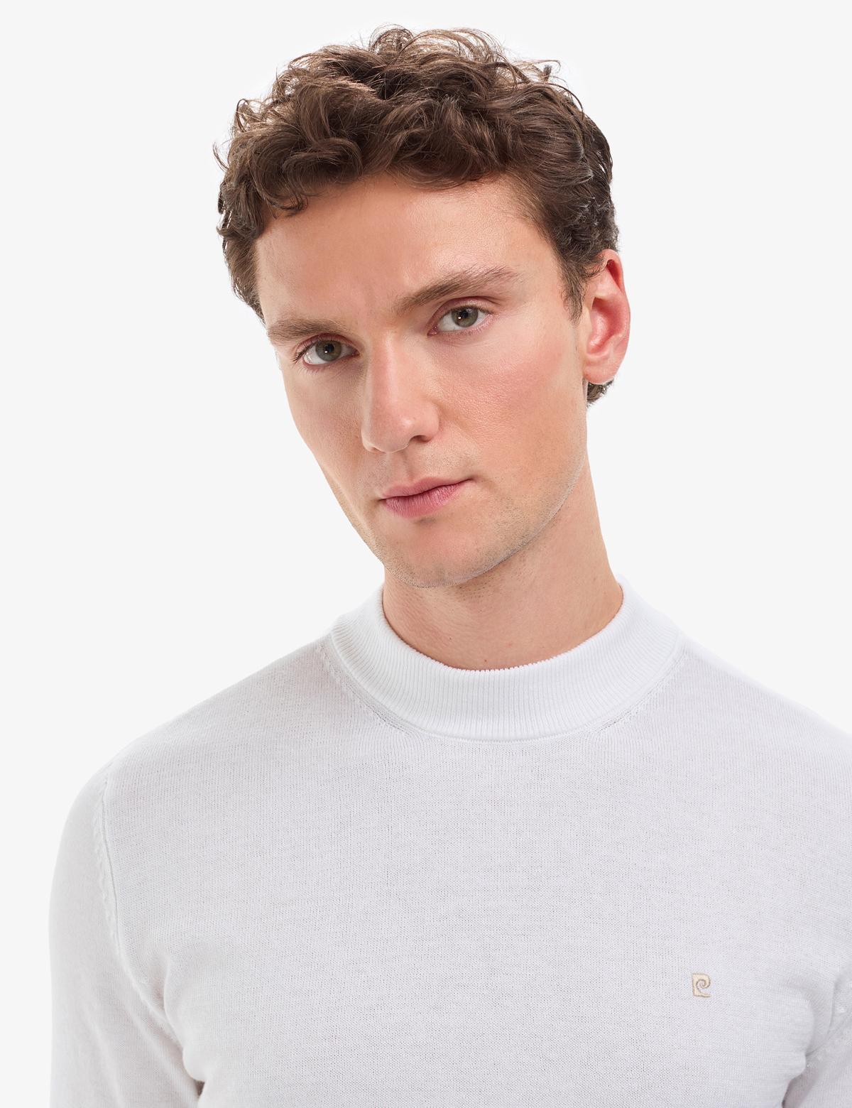 Ekru Slim Fit Çeyrek Yaka Basic Triko Kazak - 50314188023