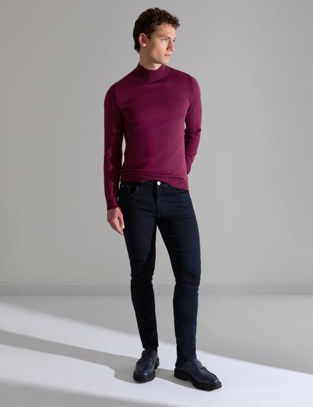 Bordo Slim Fit Yarım Balıkçı Yaka Basic Triko Kazak - 50314176138