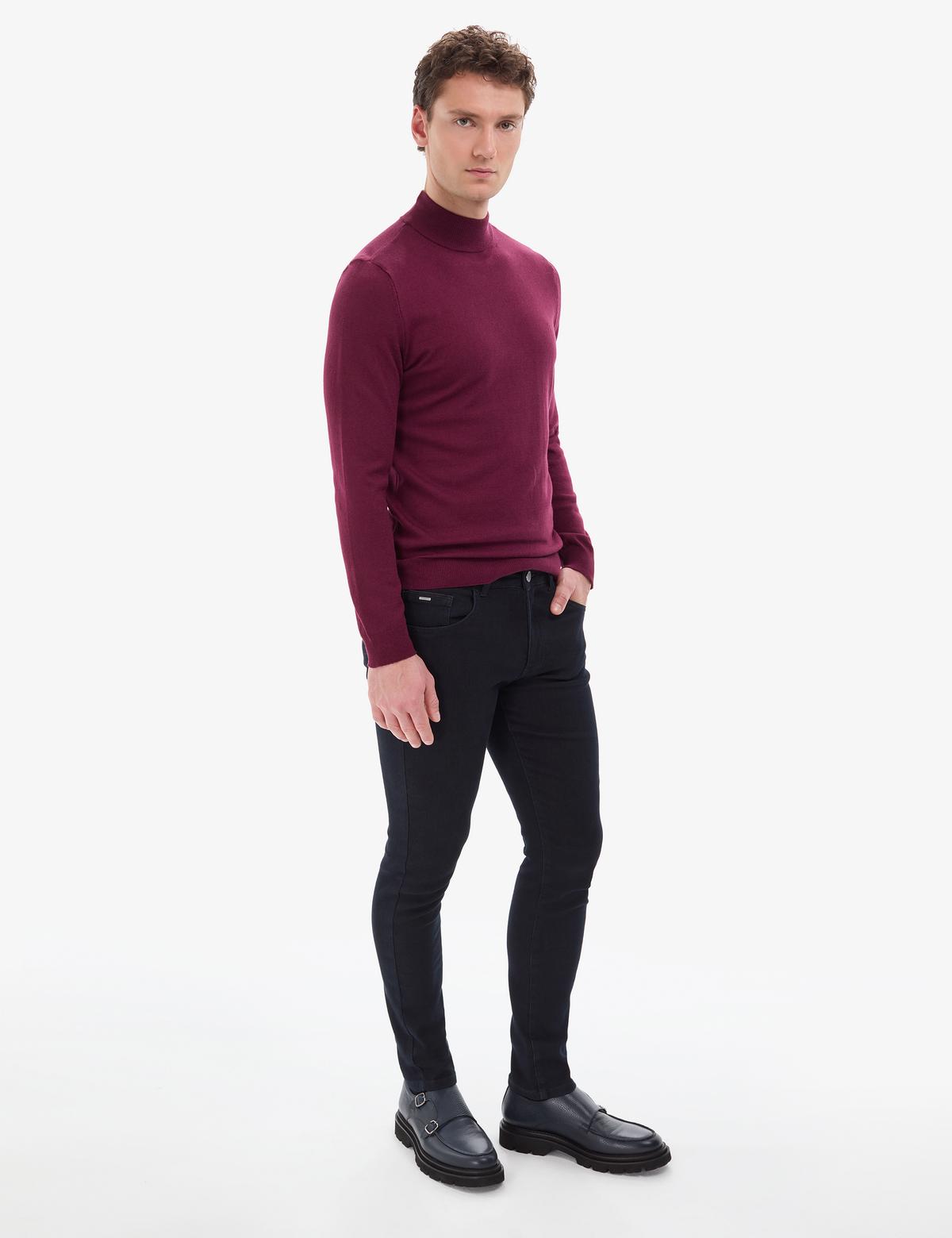 Bordo Slim Fit Yarım Balıkçı Yaka Basic Triko Kazak - 50314176138