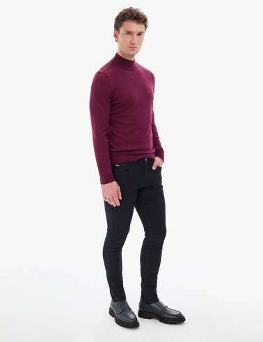 Bordo Slim Fit Yarım Balıkçı Yaka Basic Triko Kazak