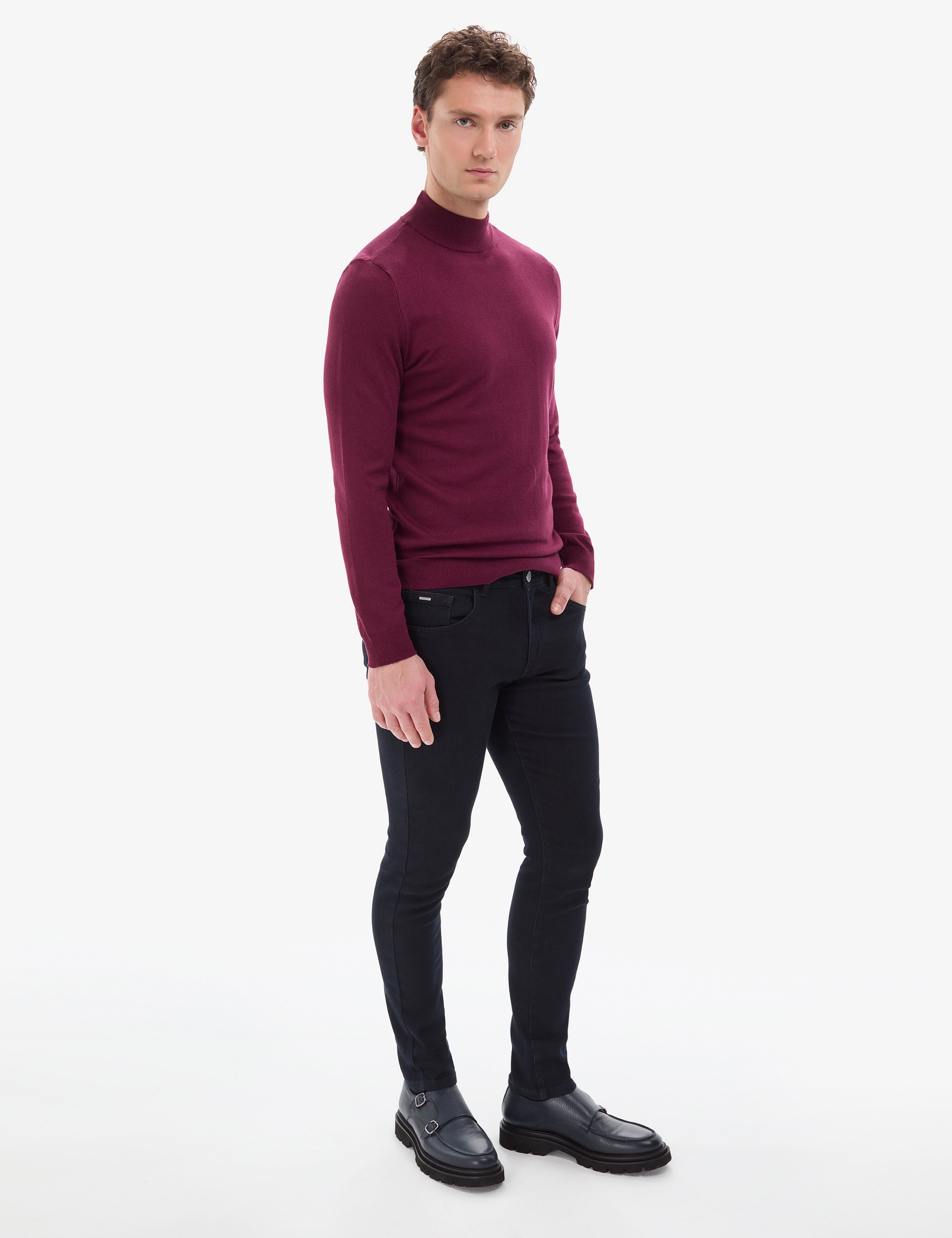 Bordo Slim Fit Yarım Balıkçı Yaka Basic Triko Kazak