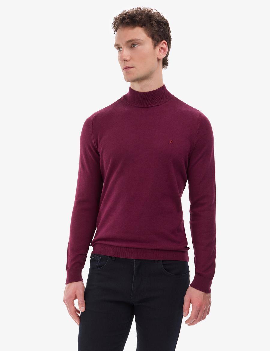 Bordo Slim Fit Yarım Balıkçı Yaka Basic Triko Kazak