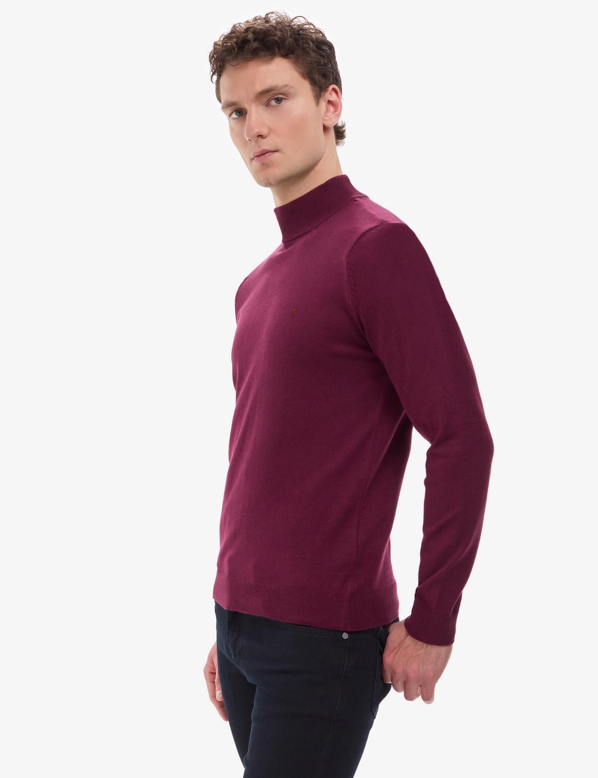 Bordo Slim Fit Yarım Balıkçı Yaka Basic Triko Kazak - 50314176138