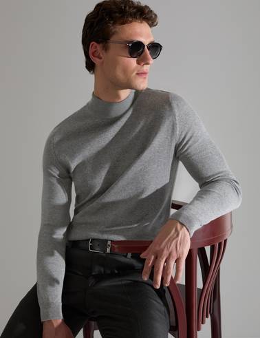Gri Melanj Slim Fit Yarım Balıkçı Yaka Basic Triko Kazak