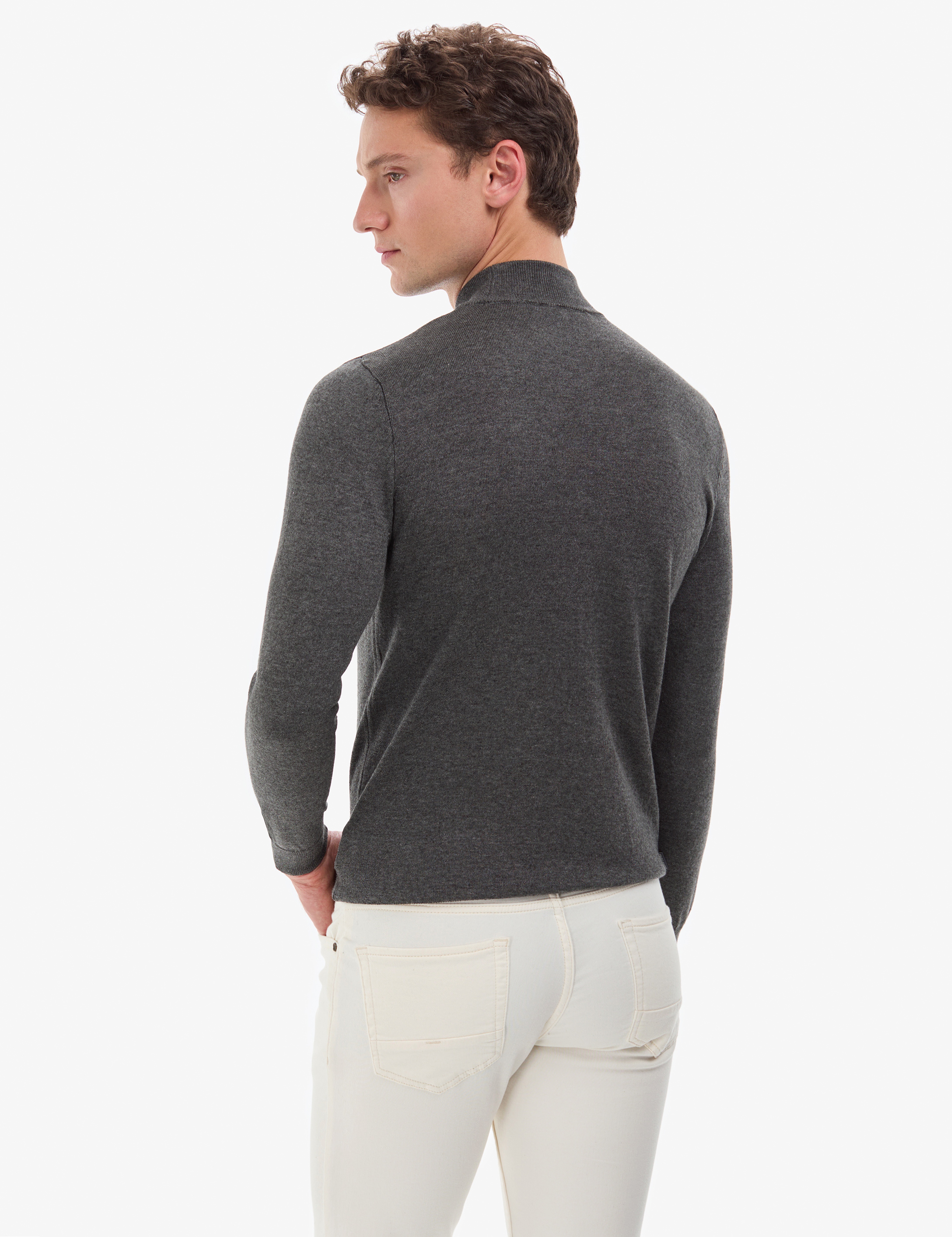 Antrasit Melanj  Slim Fit Yarım Balıkçı Yaka Basic Triko Kazak - Image 6