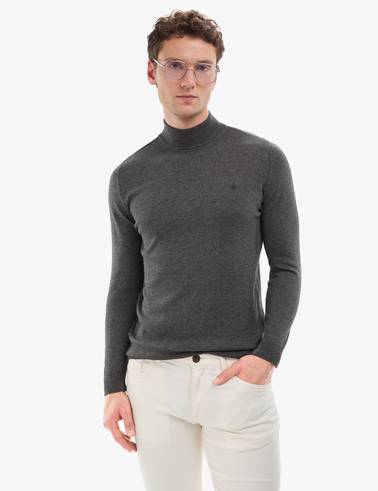 Antrasit Melanj  Slim Fit Yarım Balıkçı Yaka Basic Triko Kazak