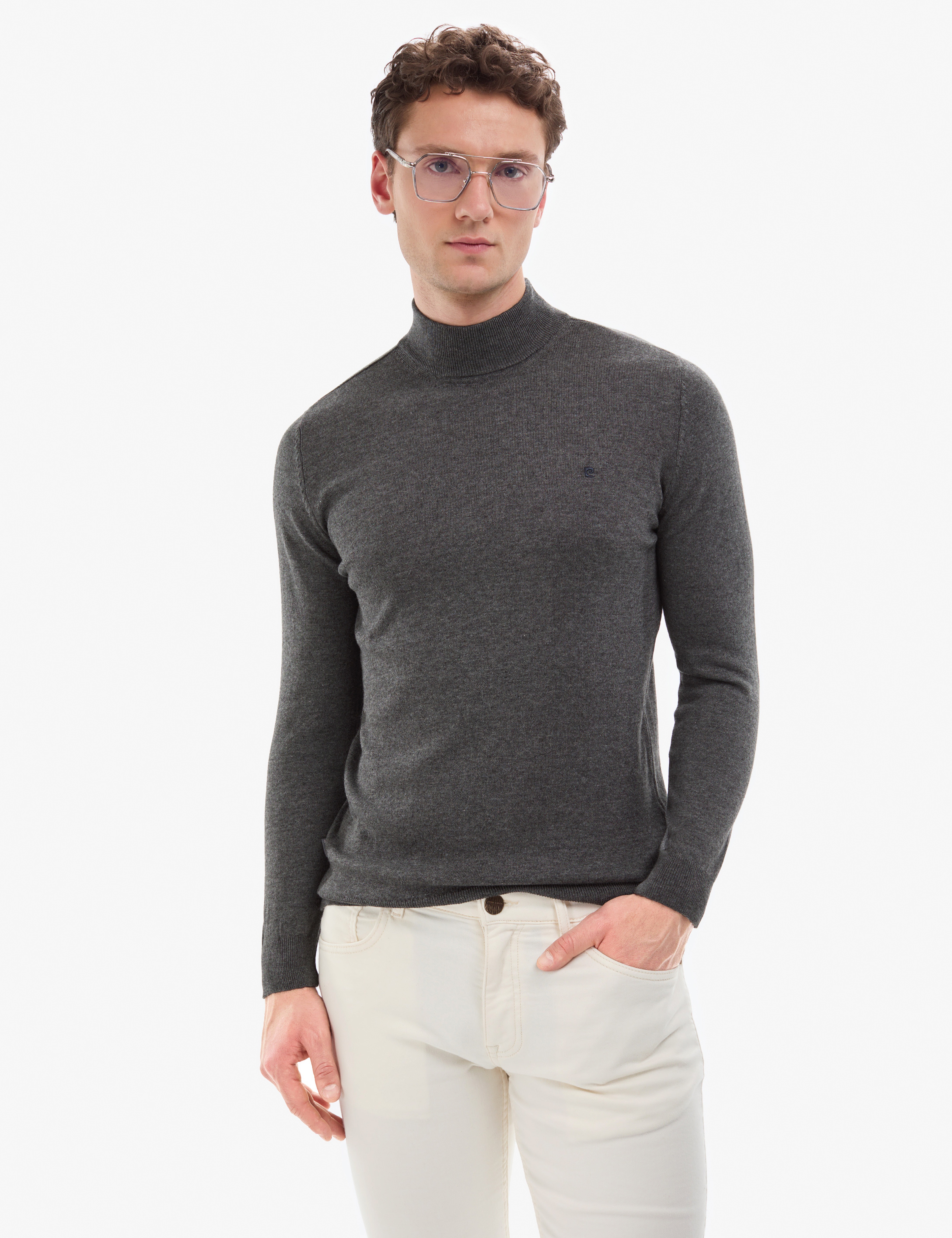 Antrasit Melanj  Slim Fit Yarım Balıkçı Yaka Basic Triko Kazak