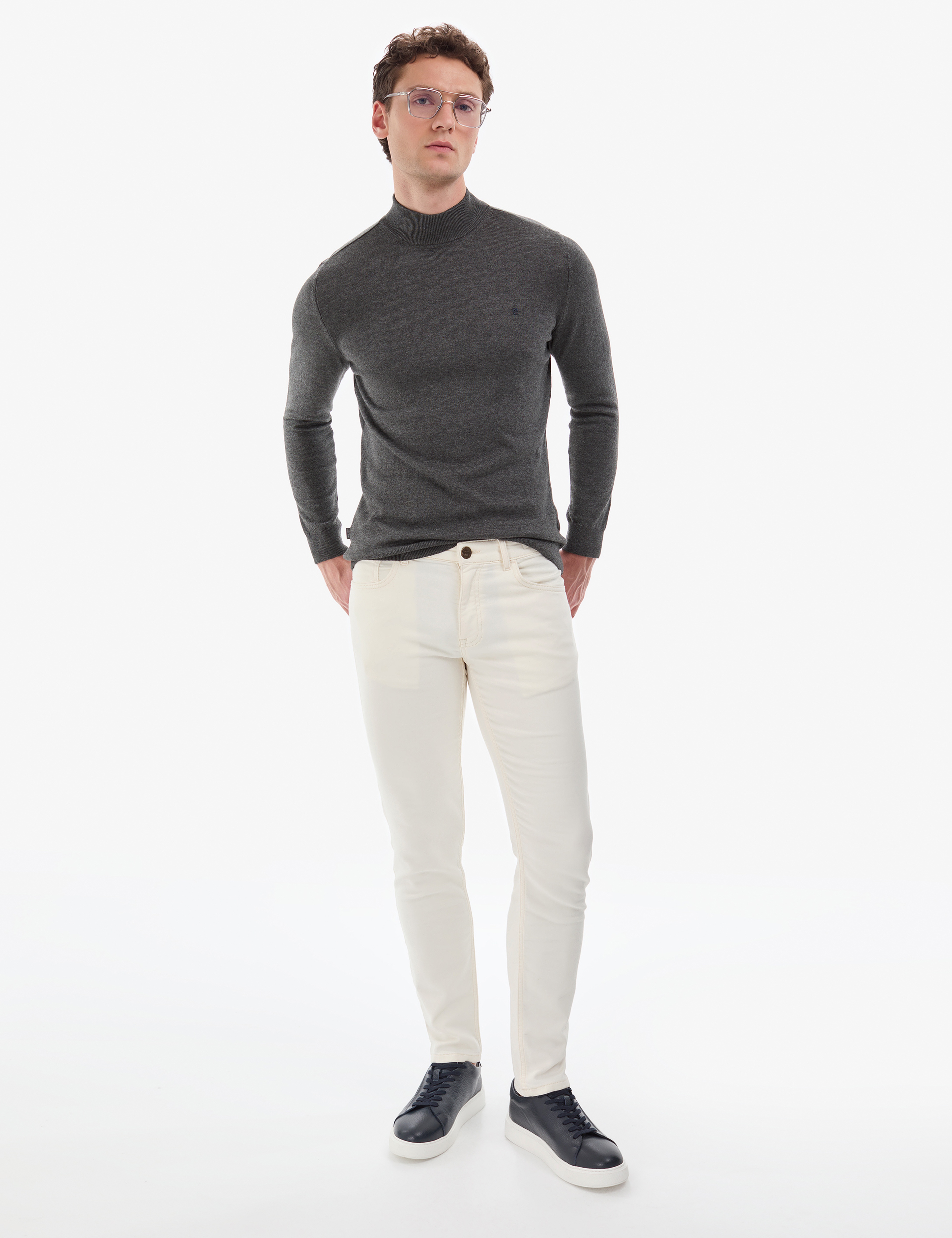 Antrasit Melanj  Slim Fit Yarım Balıkçı Yaka Basic Triko Kazak - Image 5