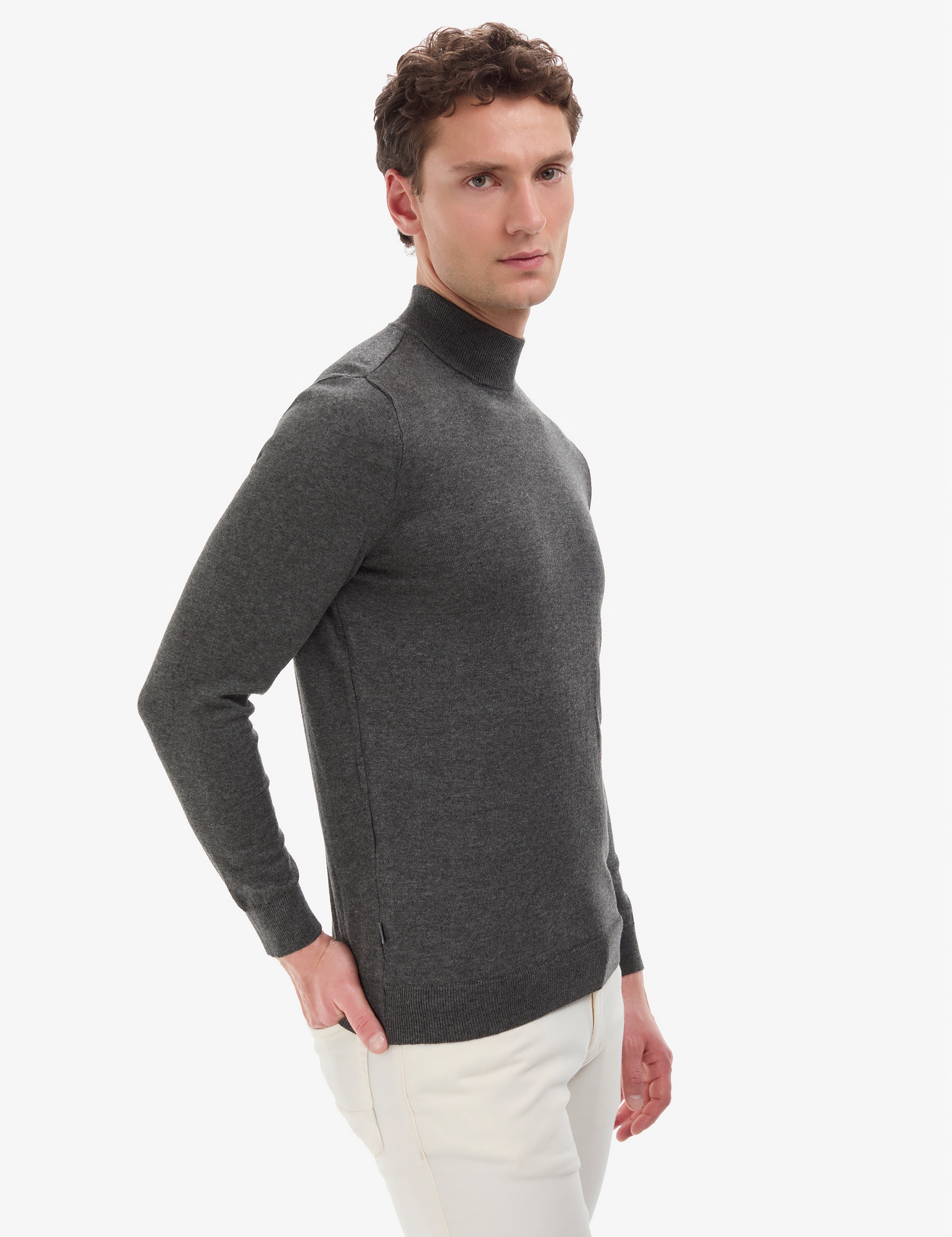 Antrasit Melanj  Slim Fit Yarım Balıkçı Yaka Basic Triko Kazak - Image 4