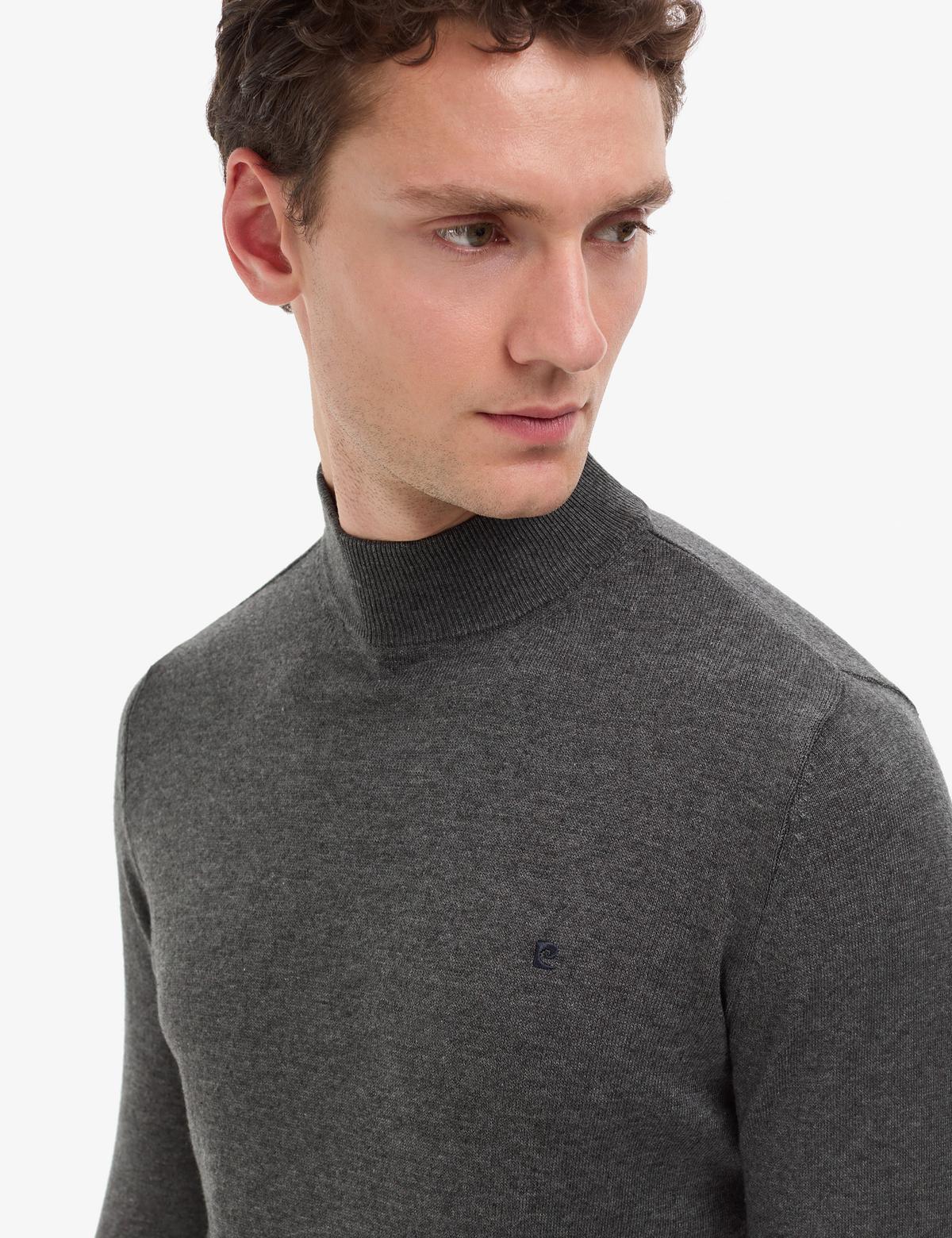 Antrasit Melanj  Slim Fit Yarım Balıkçı Yaka Basic Triko Kazak - 50314176119