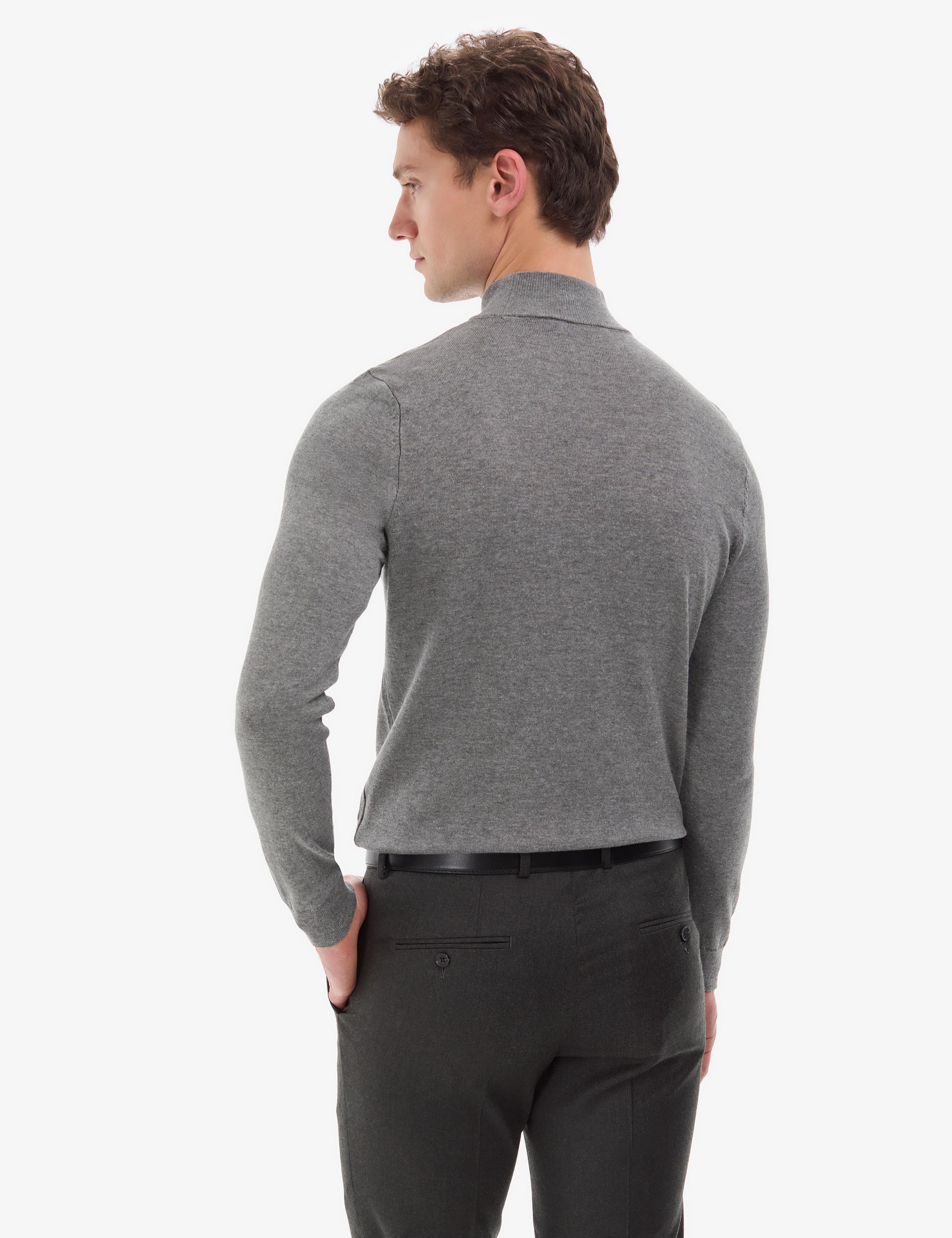 Gri Melanj Slim Fit Yarım Balıkçı Yaka Basic Triko Kazak