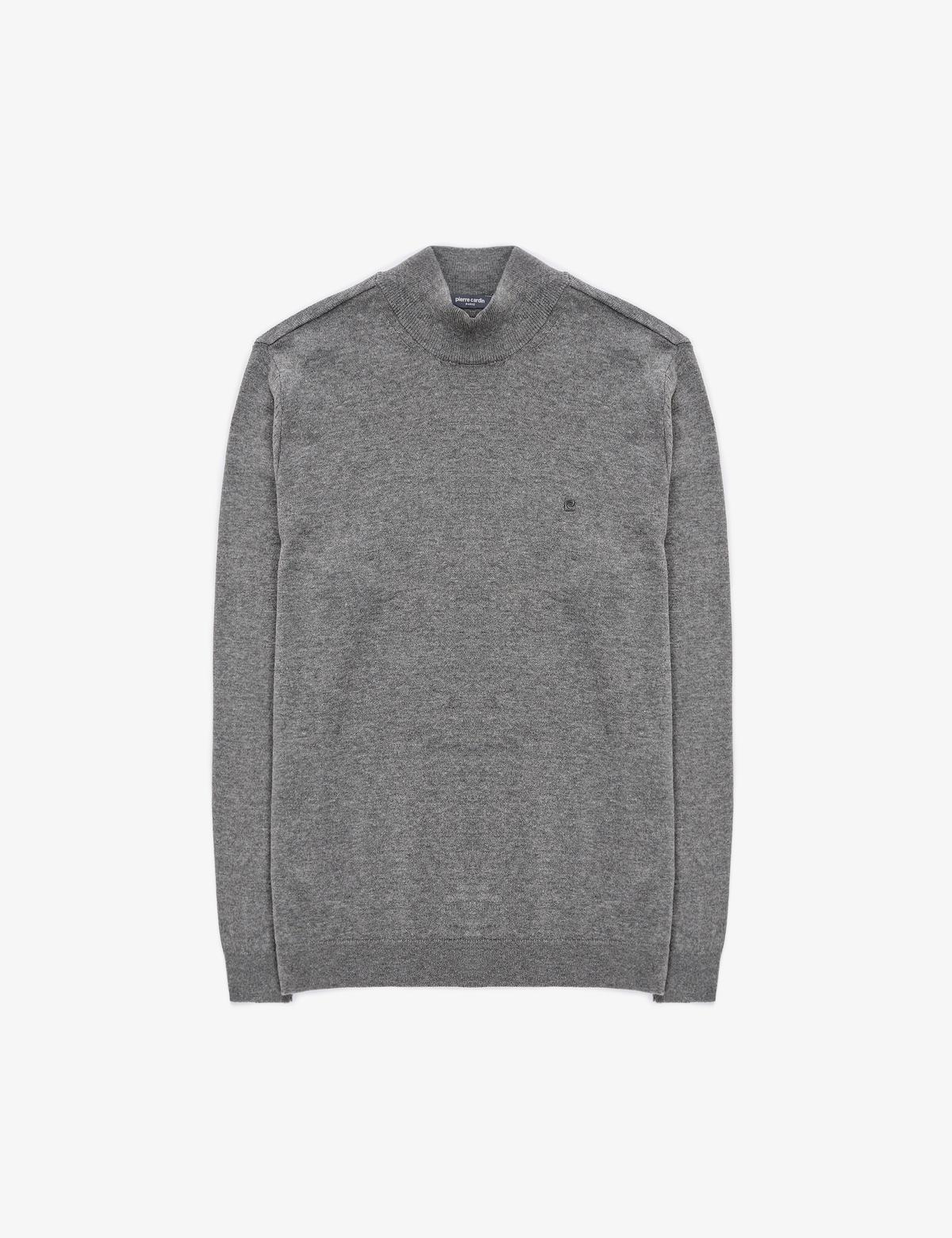 Gri Melanj Slim Fit Yarım Balıkçı Yaka Basic Triko Kazak - 50314176156