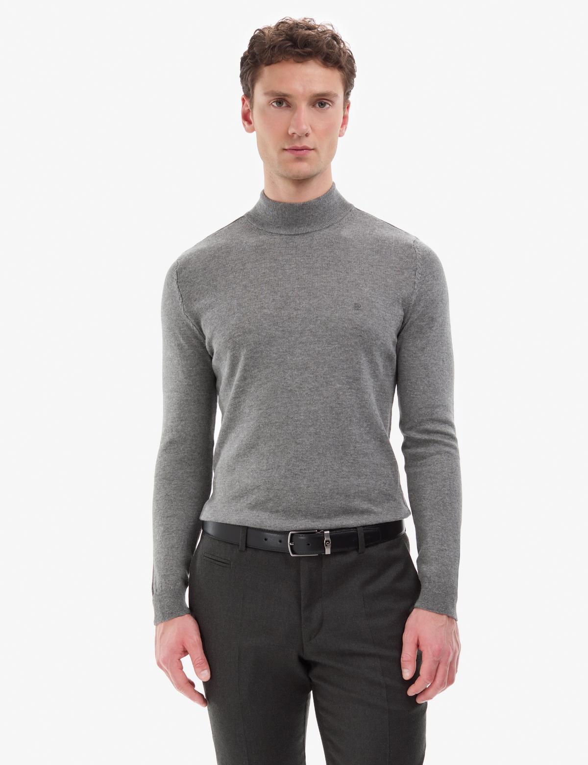 Gri Melanj Slim Fit Yarım Balıkçı Yaka Basic Triko Kazak - 50314176156