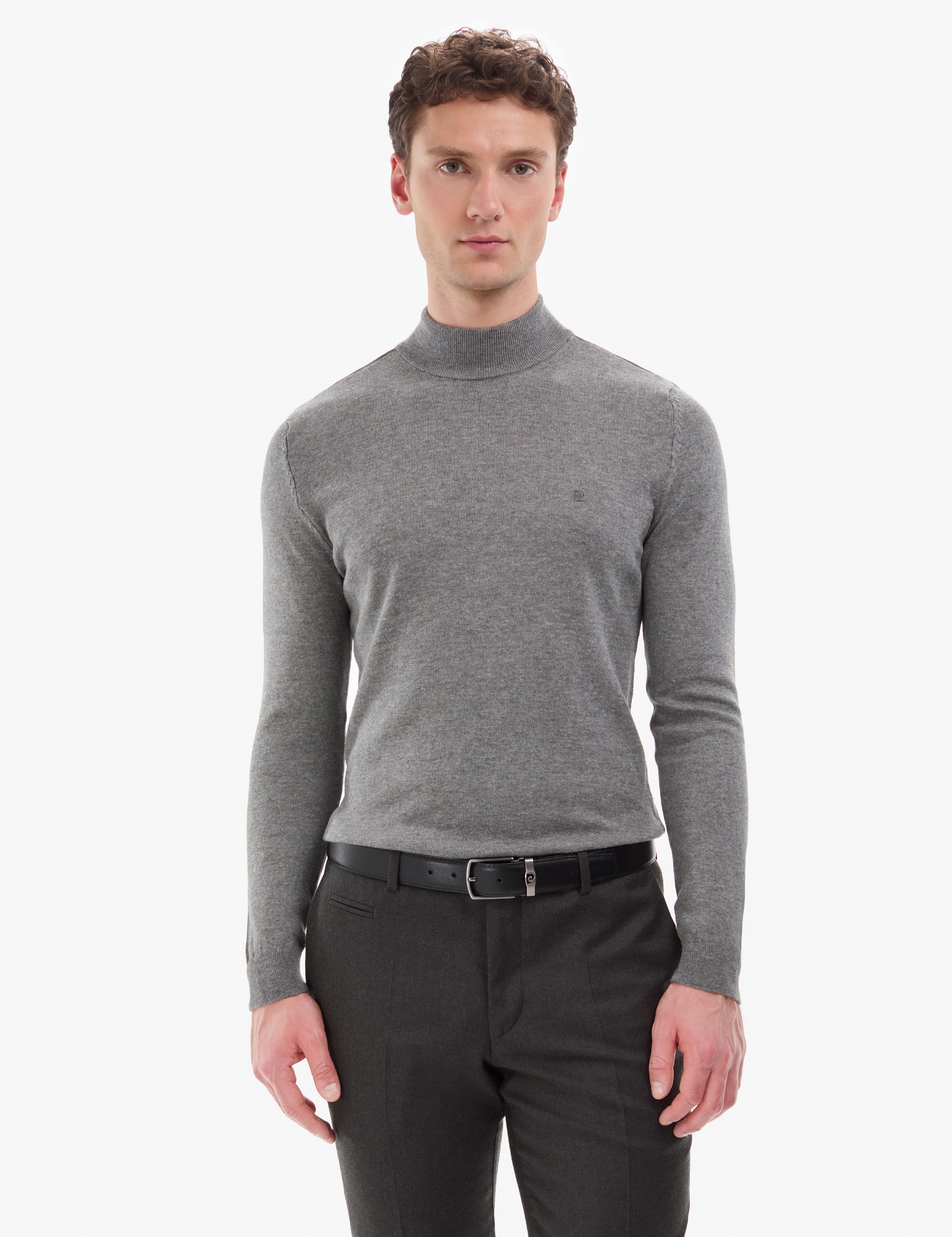 Gri Melanj Slim Fit Yarım Balıkçı Yaka Basic Triko Kazak - Image 4