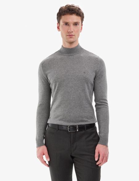 Gri Melanj Slim Fit Yarım Balıkçı Yaka Basic Triko Kazak - 50314176156