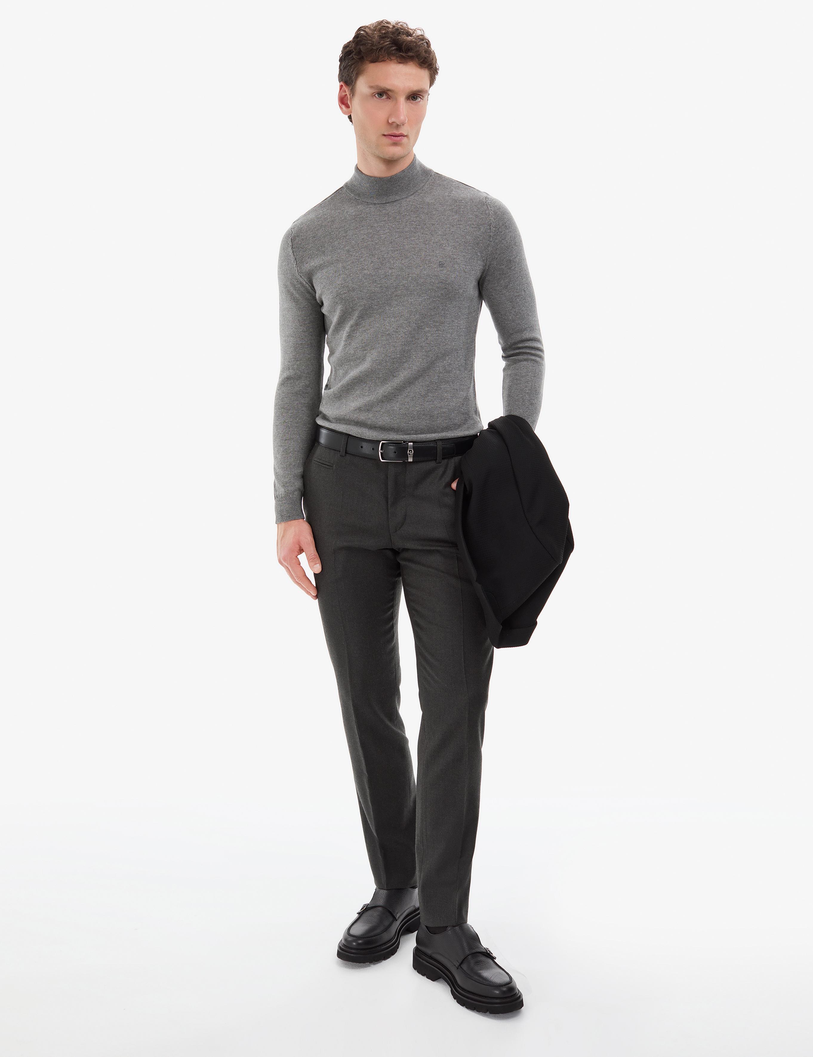 Gri Melanj Slim Fit Yarım Balıkçı Yaka Basic Triko Kazak