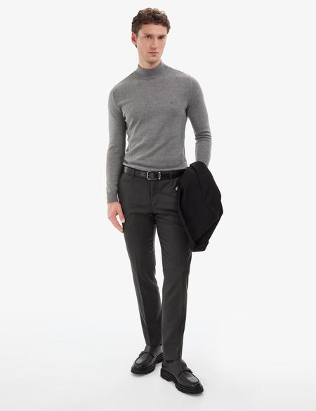 Gri Melanj Slim Fit Yarım Balıkçı Yaka Basic Triko Kazak - 50314176156