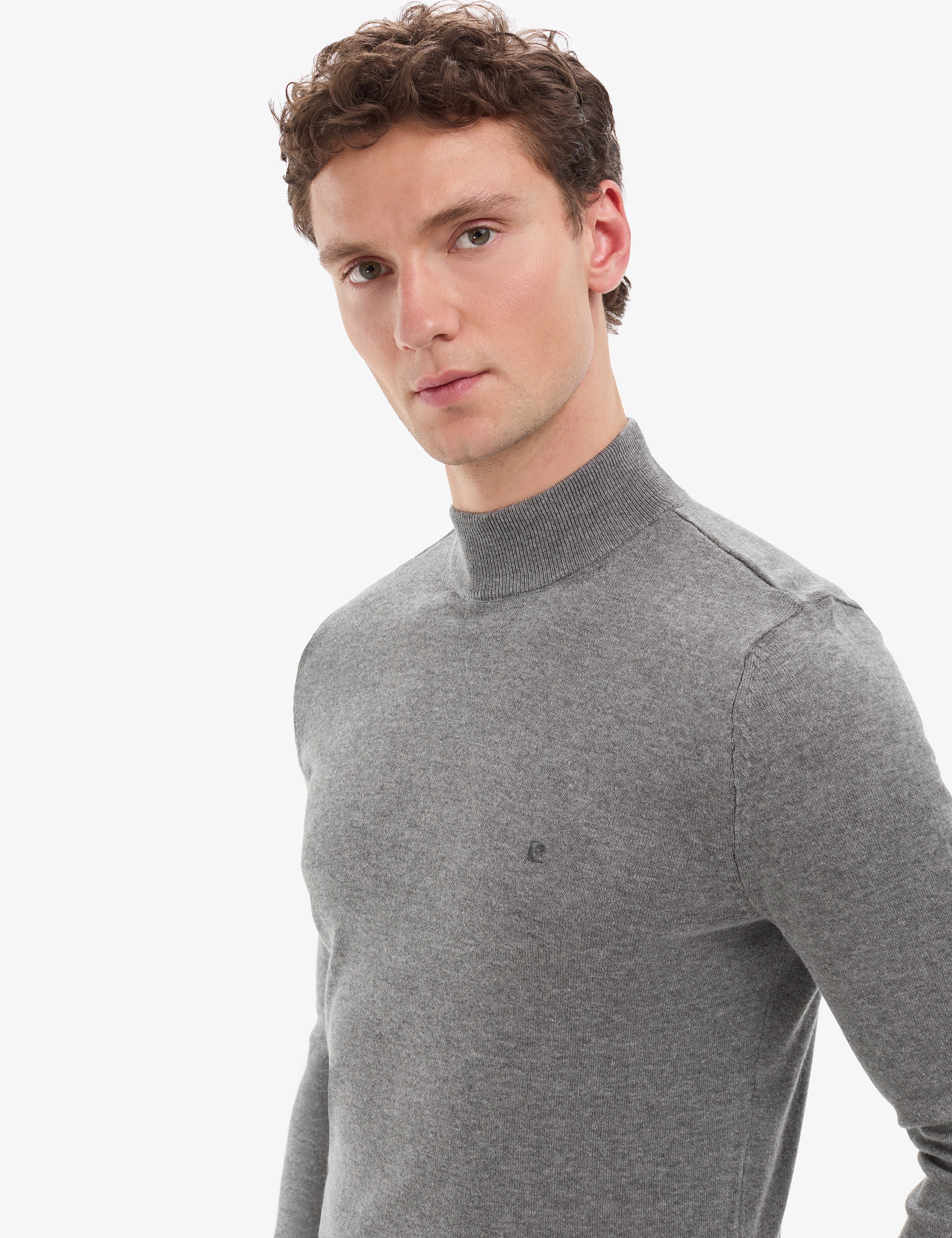 Gri Melanj Slim Fit Yarım Balıkçı Yaka Basic Triko Kazak - Image 3