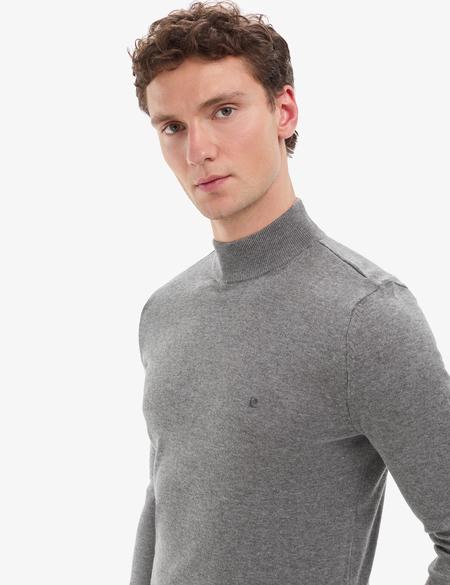 Gri Melanj Slim Fit Yarım Balıkçı Yaka Basic Triko Kazak - 50314176156