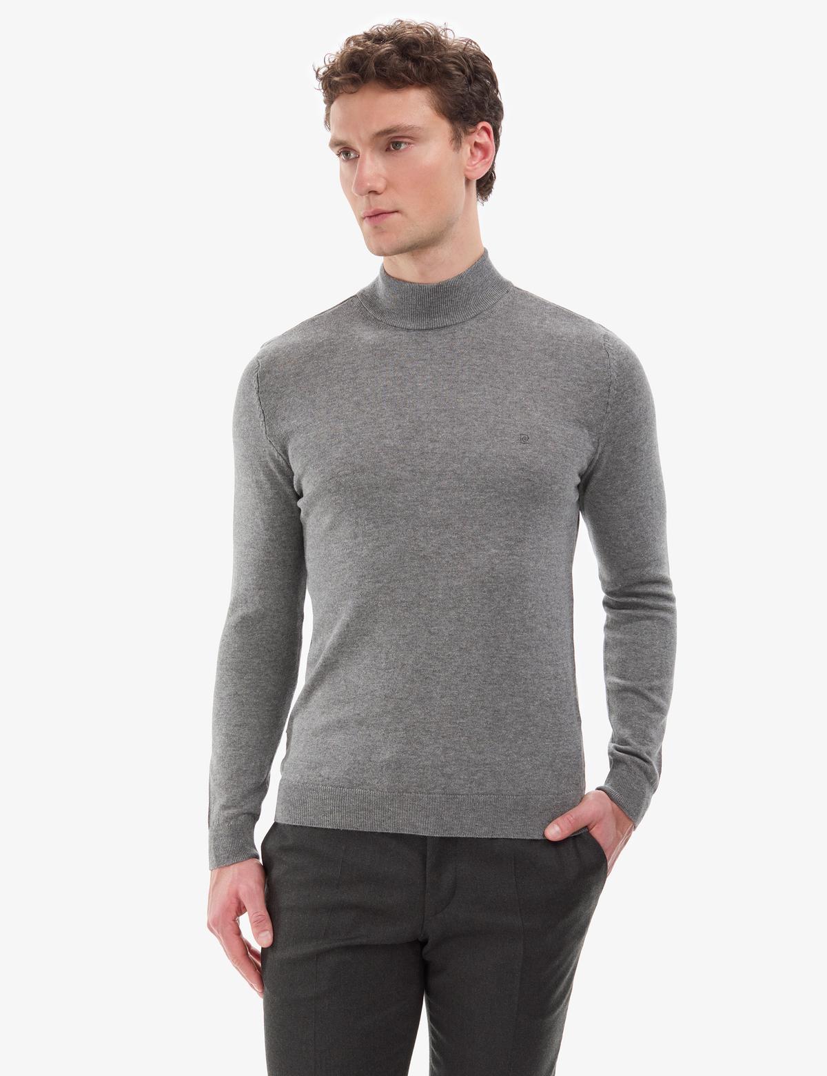 Gri Melanj Slim Fit Yarım Balıkçı Yaka Basic Triko Kazak - 50314176156