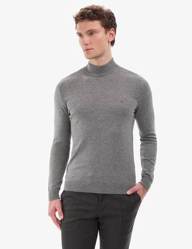 Gri Melanj Slim Fit Yarım Balıkçı Yaka Basic Triko Kazak