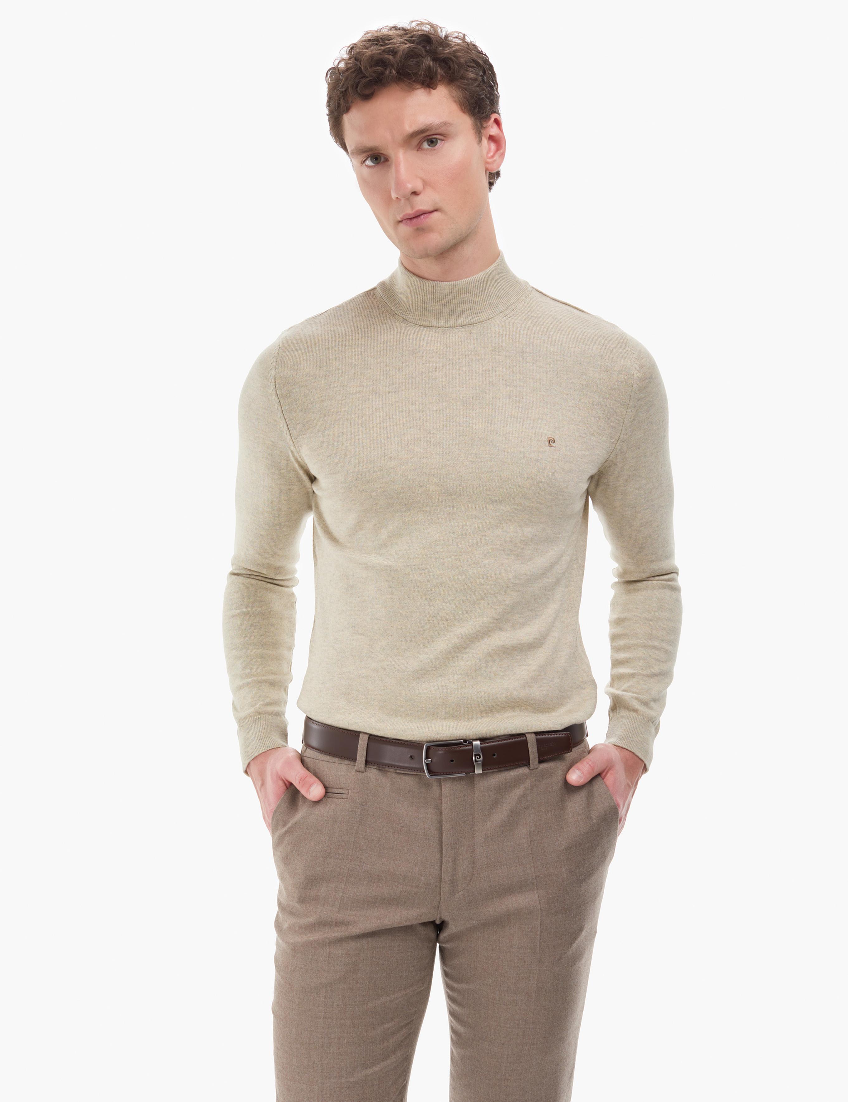 Kum Melanj Slim Fit Yarım Balıkçı Yaka Basic Triko Kazak