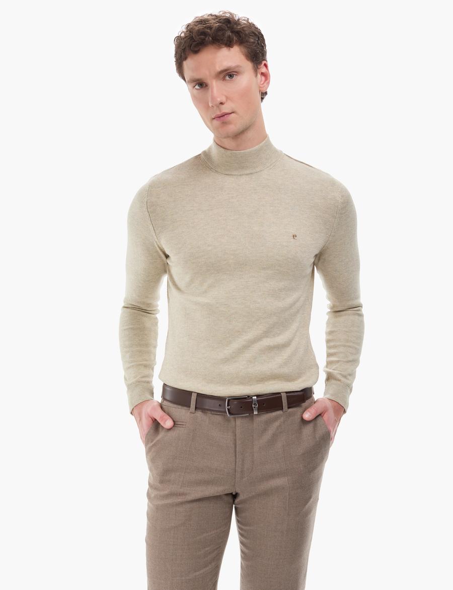 Kum Melanj Slim Fit Yarım Balıkçı Yaka Basic Triko Kazak