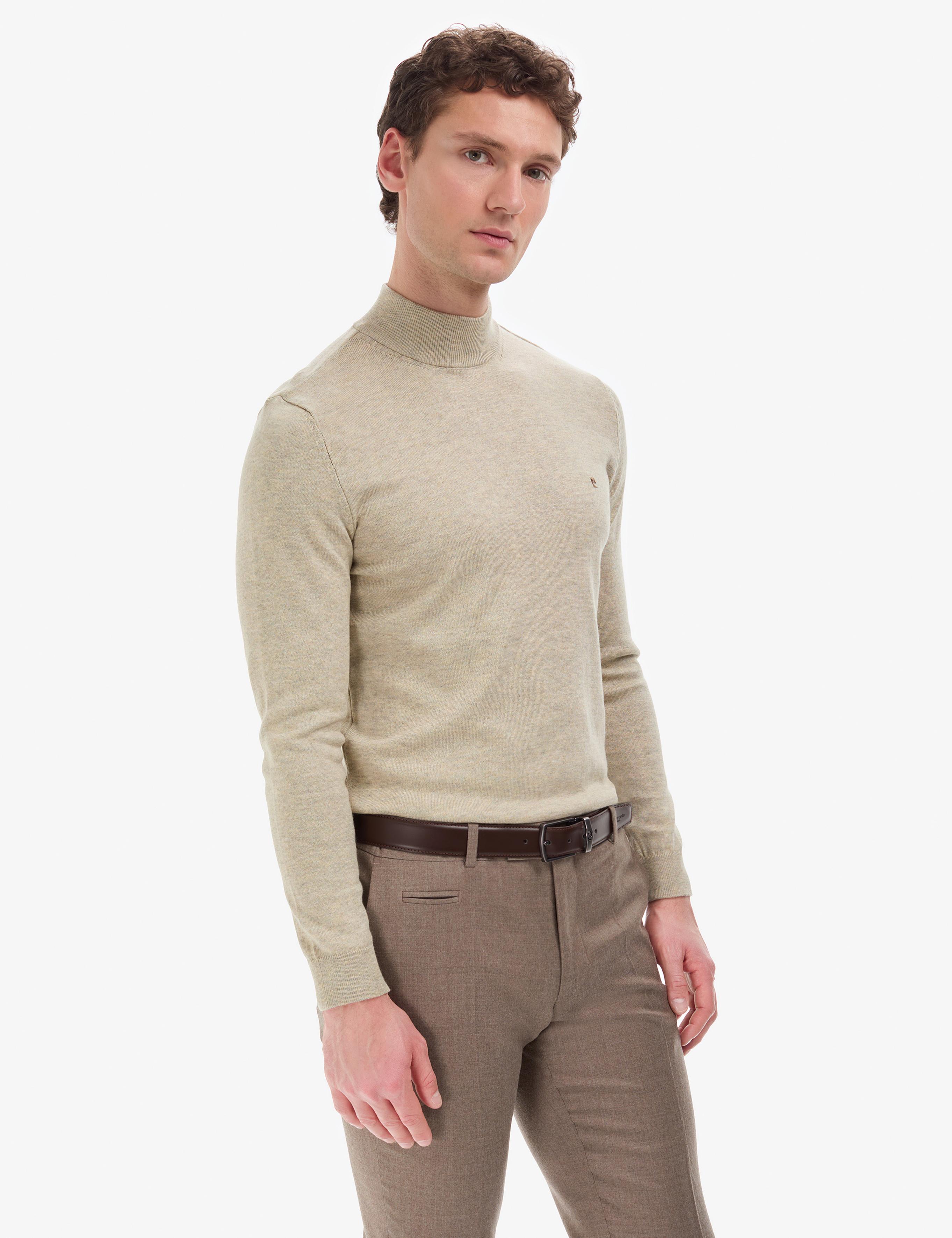 Kum Melanj Slim Fit Yarım Balıkçı Yaka Basic Triko Kazak