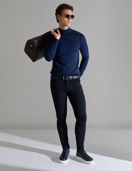 Açık Lacivert Slim Fit Yarım Balıkçı Yaka Basic Triko Kazak - 50314176127