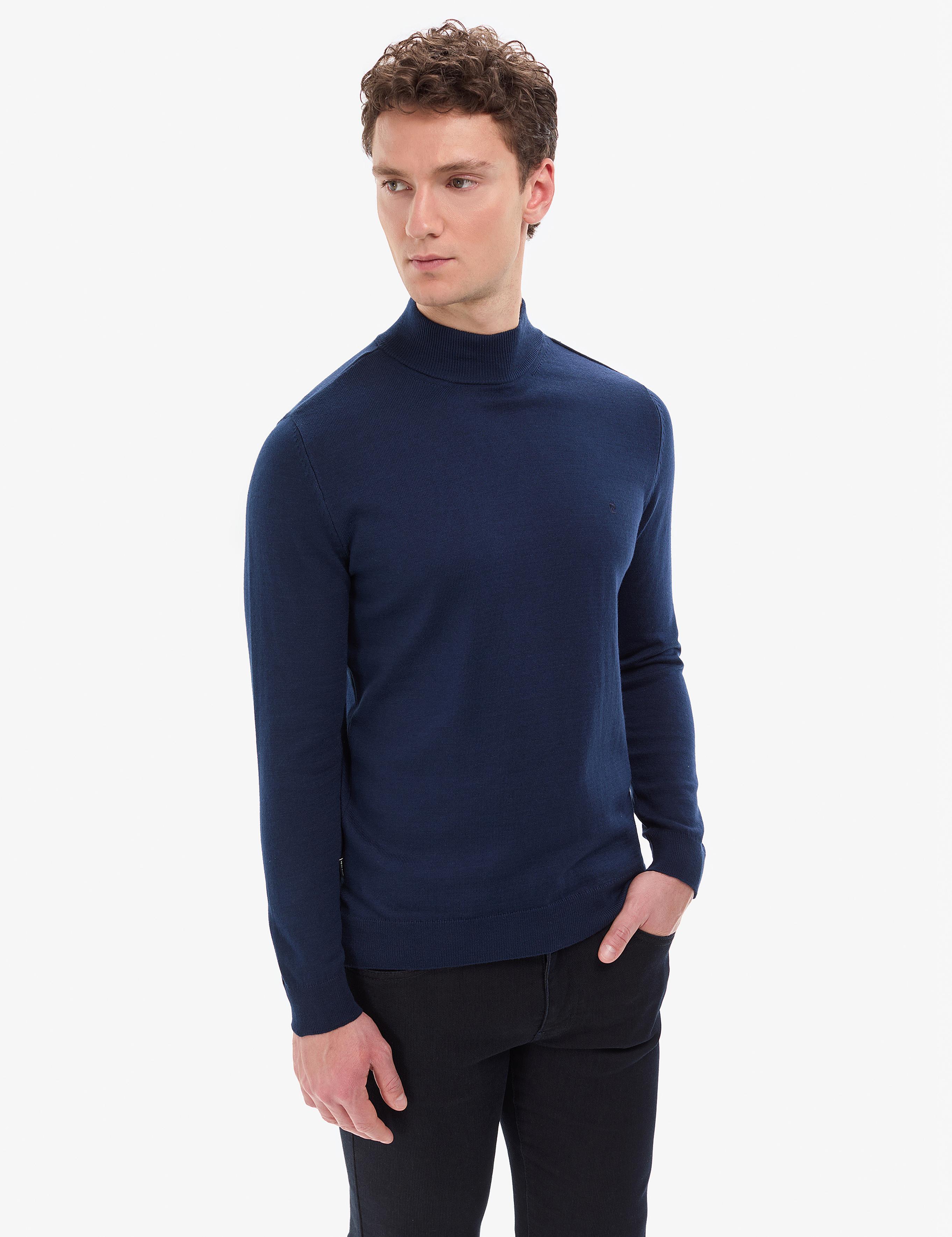 Açık Lacivert Slim Fit Yarım Balıkçı Yaka Basic Triko Kazak