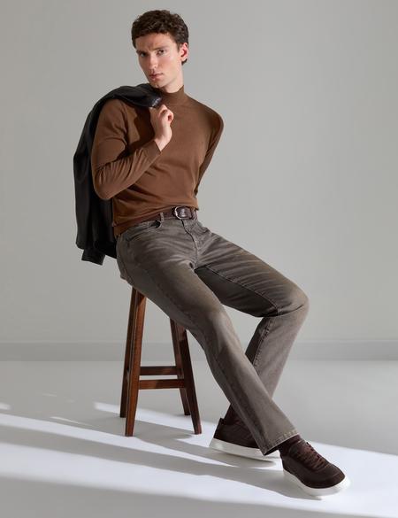 Koyu Kahverengi Slim Fit Yarım Balıkçı Yaka Basic Triko Kazak - 50314176039