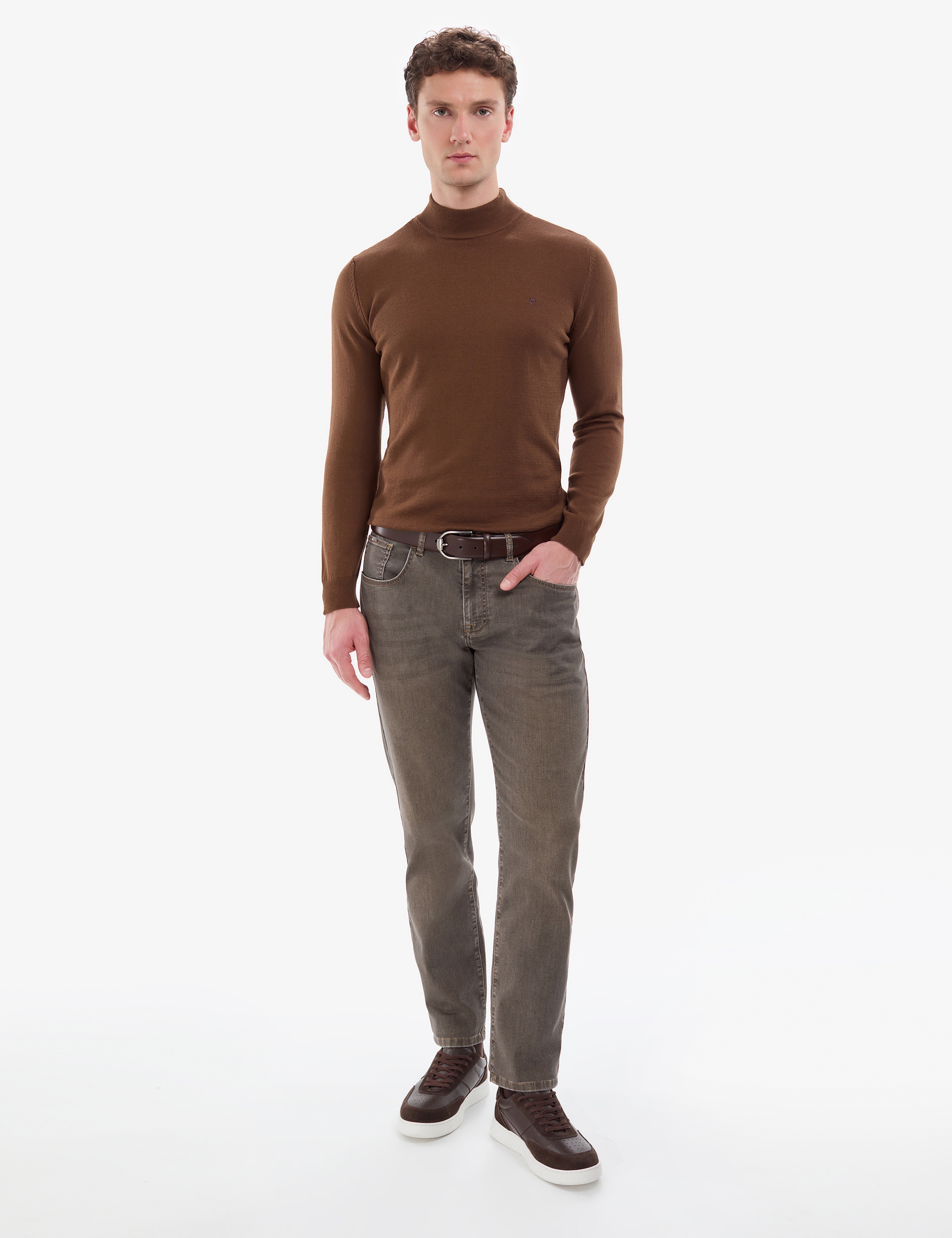 Koyu Kahverengi Slim Fit Yarım Balıkçı Yaka Basic Triko Kazak - Image 5