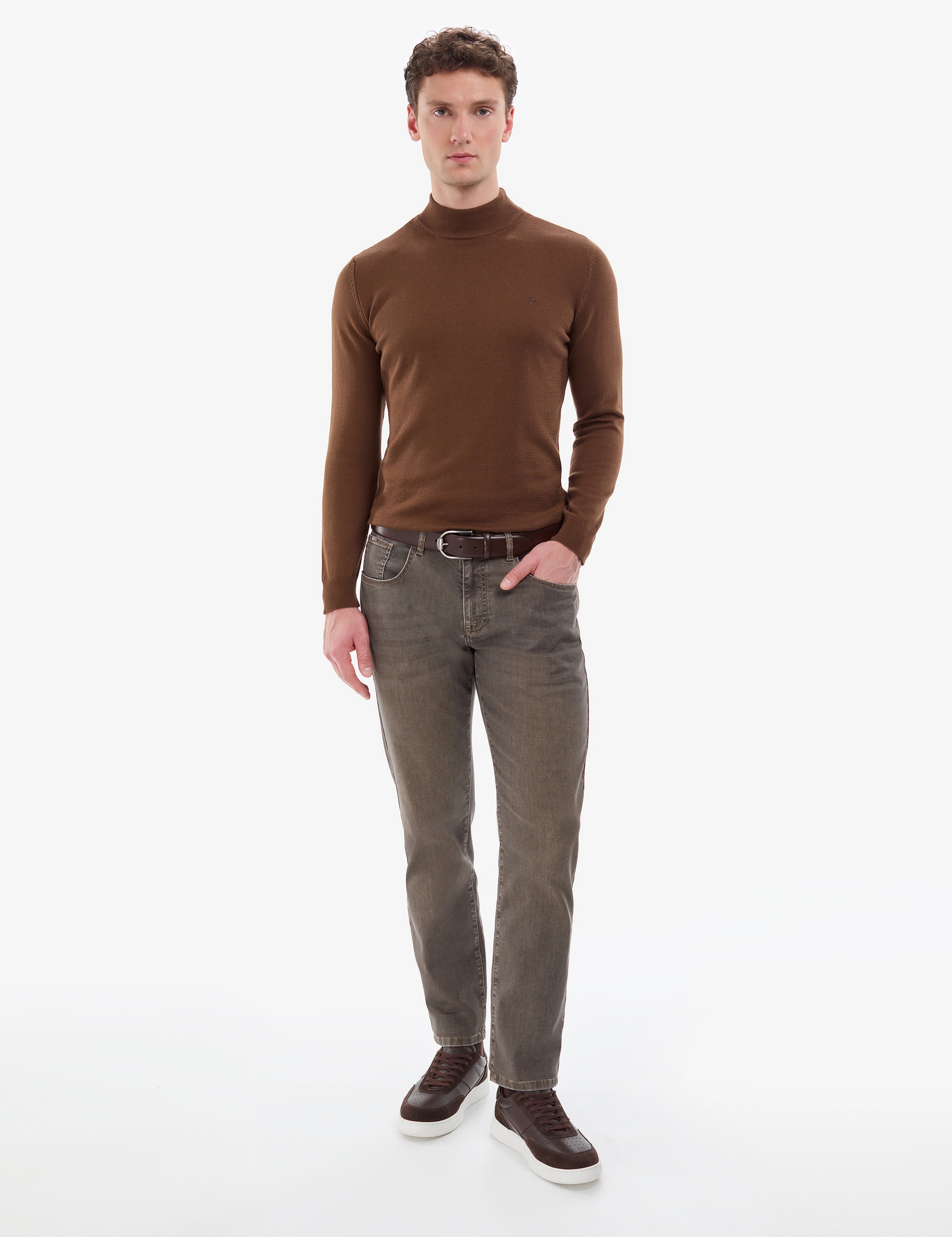 Koyu Kahverengi Slim Fit Yarım Balıkçı Yaka Basic Triko Kazak