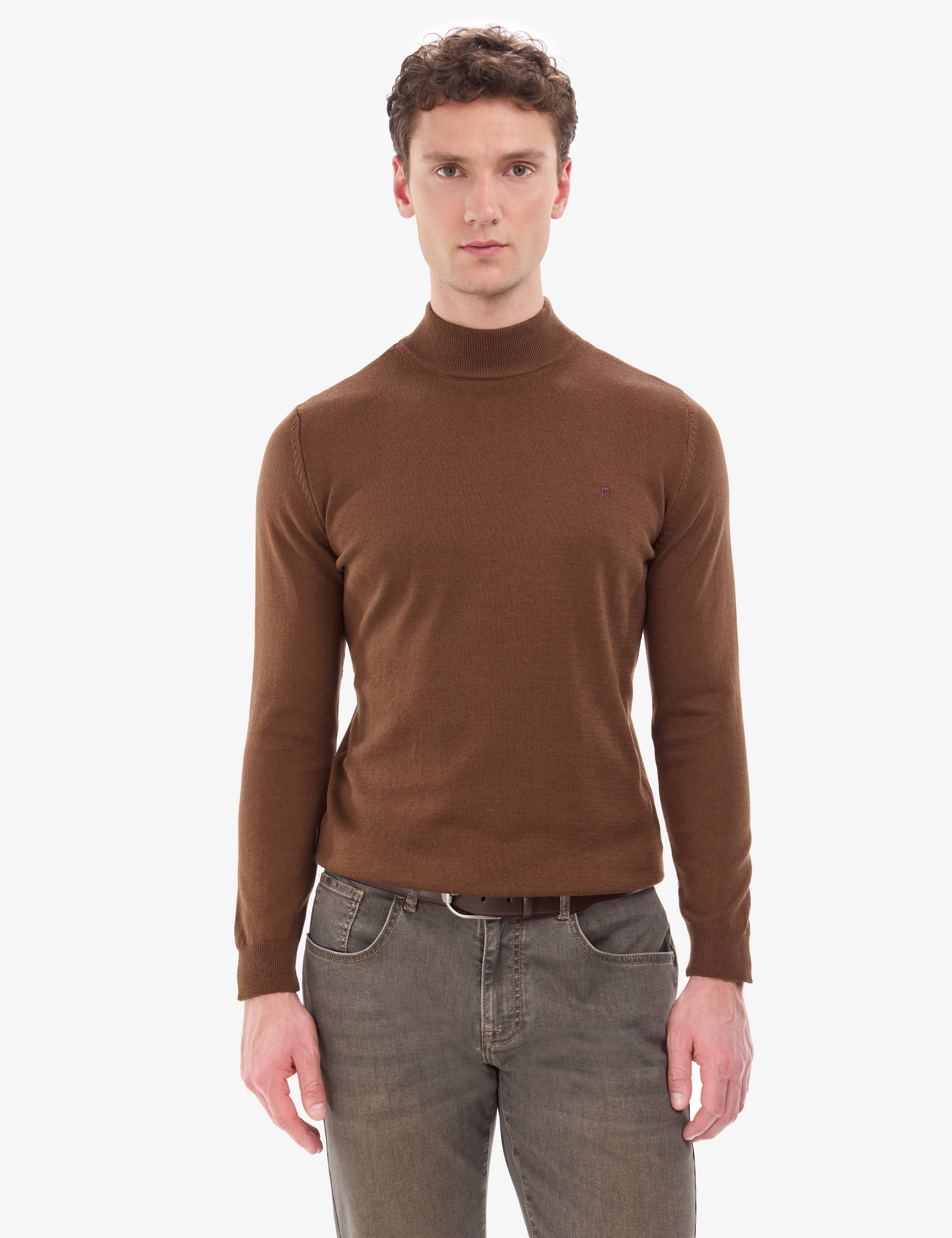 Koyu Kahverengi Slim Fit Yarım Balıkçı Yaka Basic Triko Kazak - Image 2