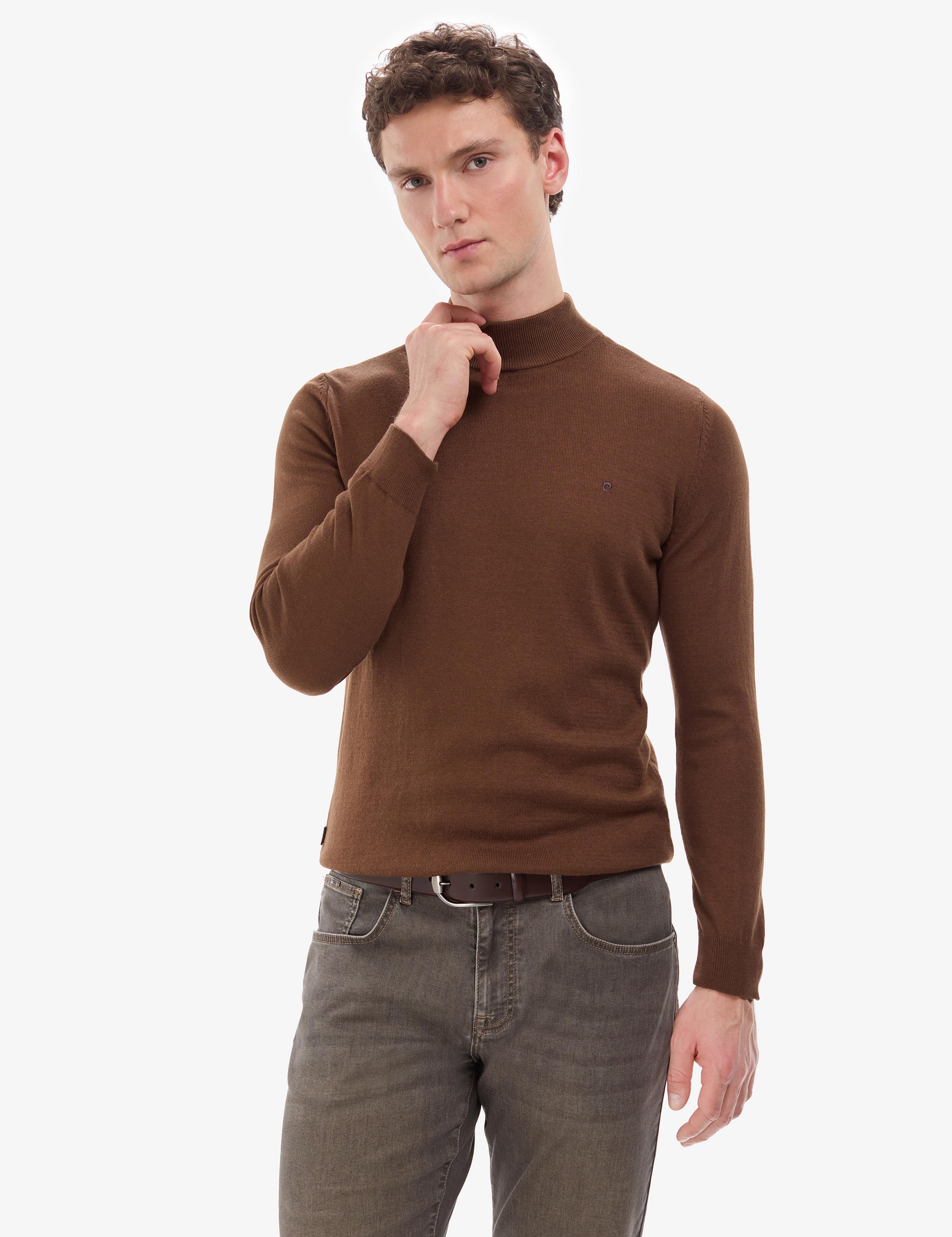 Koyu Kahverengi Slim Fit Yarım Balıkçı Yaka Basic Triko Kazak