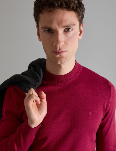 Vişne Slim Fit Çeyrek Yaka Basic Triko Kazak