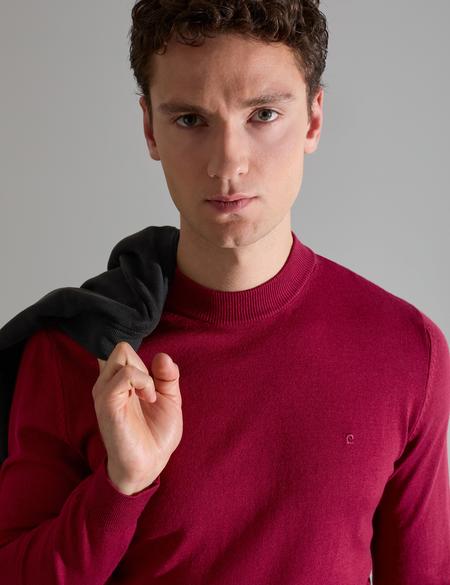 Vişne Slim Fit Çeyrek Yaka Basic Triko Kazak - 50314188114