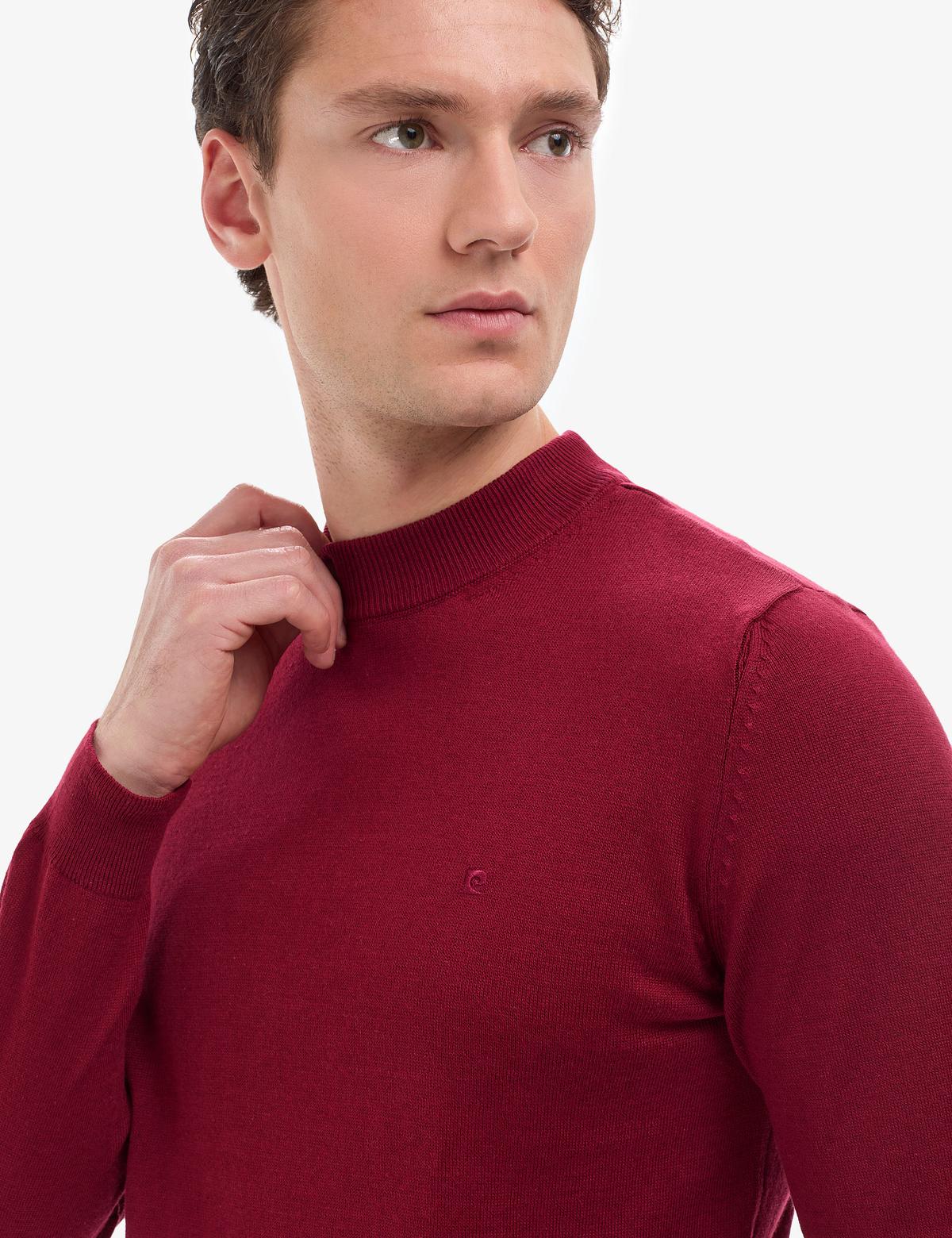 Vişne Slim Fit Çeyrek Yaka Basic Triko Kazak - 50314188114